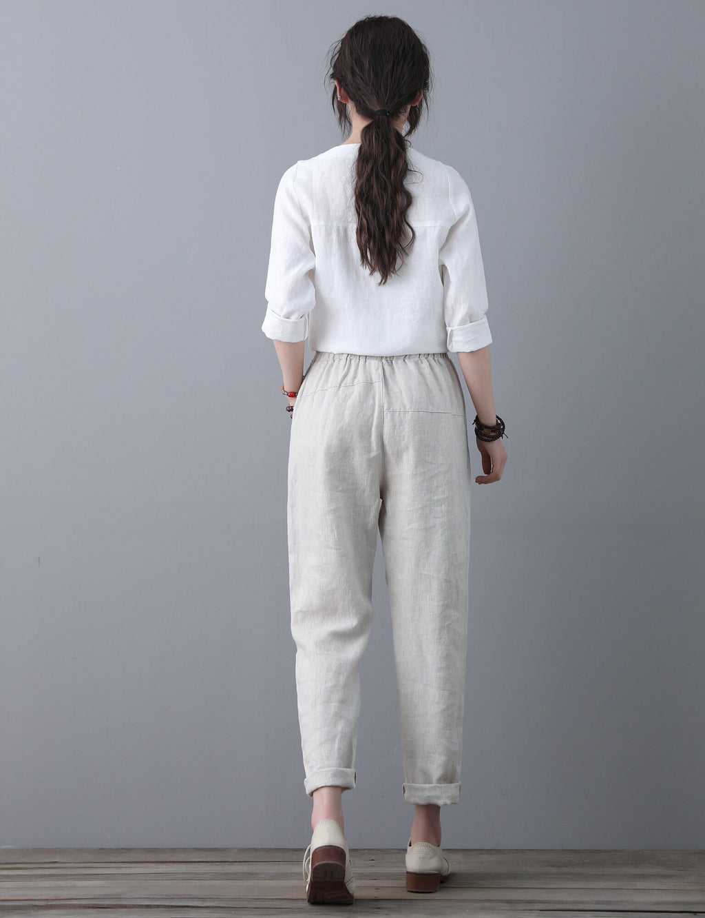 women elastic waist linen pants , casual minimal cropped pants, Long Linen pants, Tapered Linen Pants with pockets, Ylistyle C1863