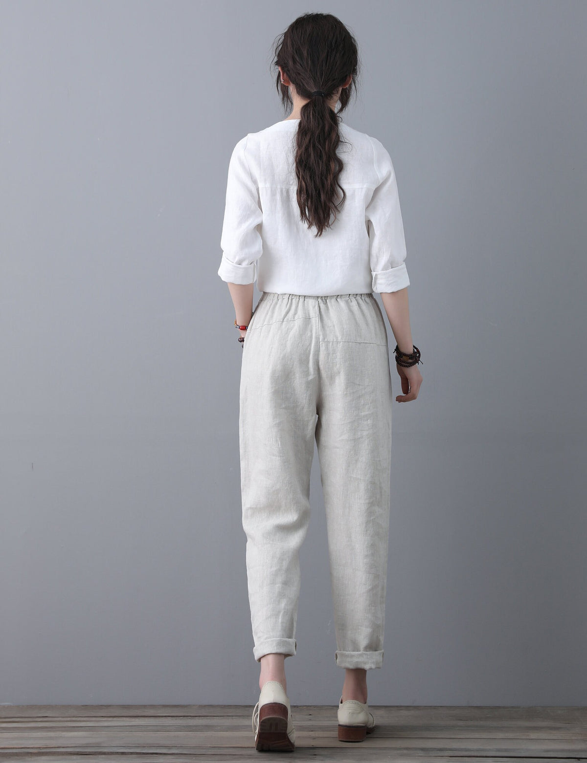 women elastic waist linen pants , casual minimal cropped pants, Long Linen pants, Tapered Linen Pants with pockets, Ylistyle C1863