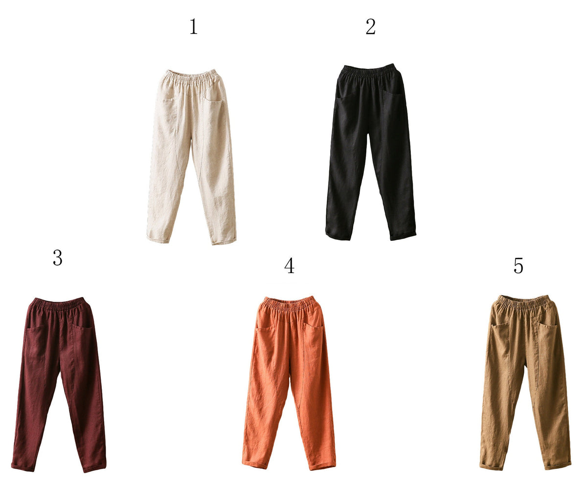 women elastic waist linen pants , casual minimal cropped pants, Long Linen pants, Tapered Linen Pants with pockets, Ylistyle C1863