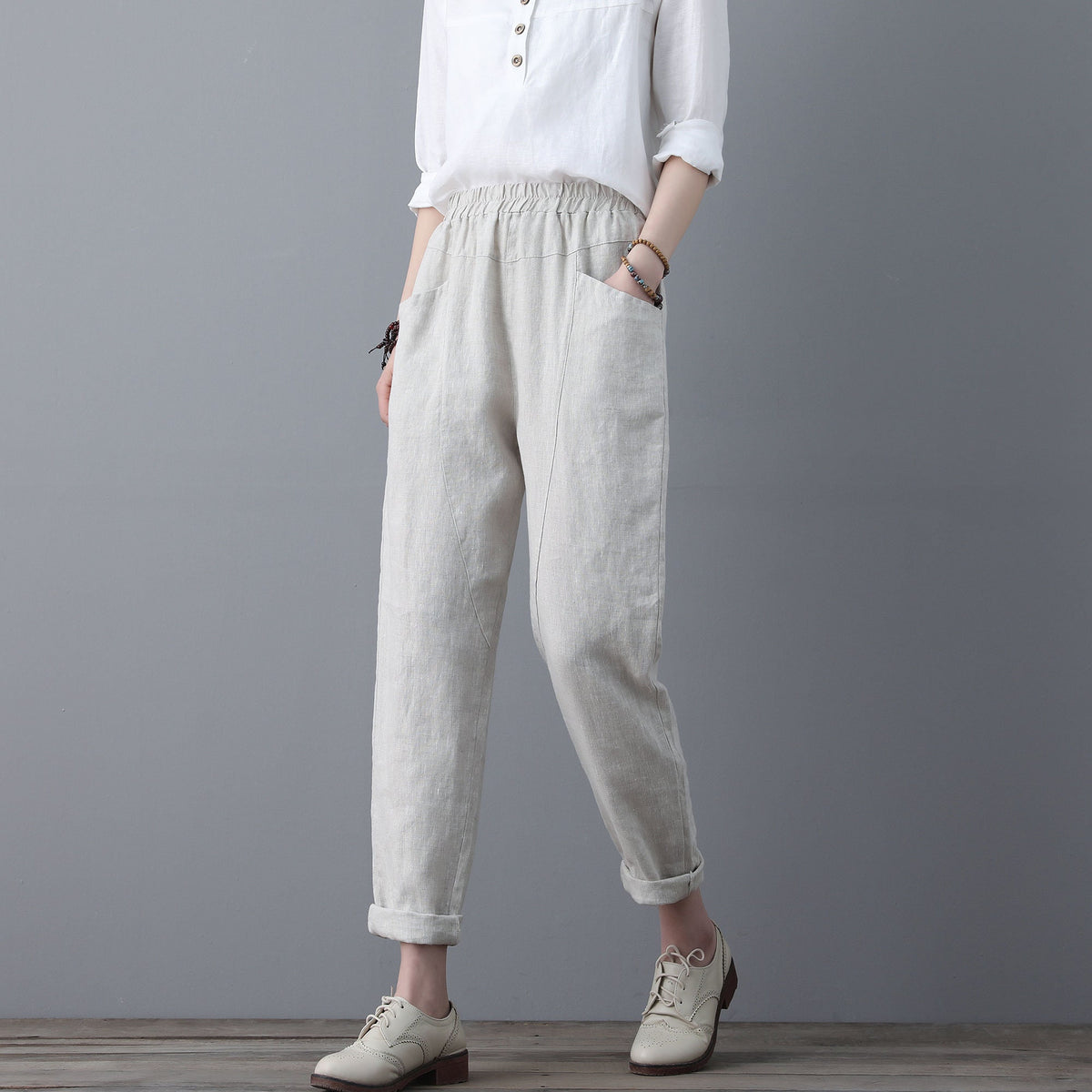 women elastic waist linen pants , casual minimal cropped pants, Long Linen pants, Tapered Linen Pants with pockets, Ylistyle C1863