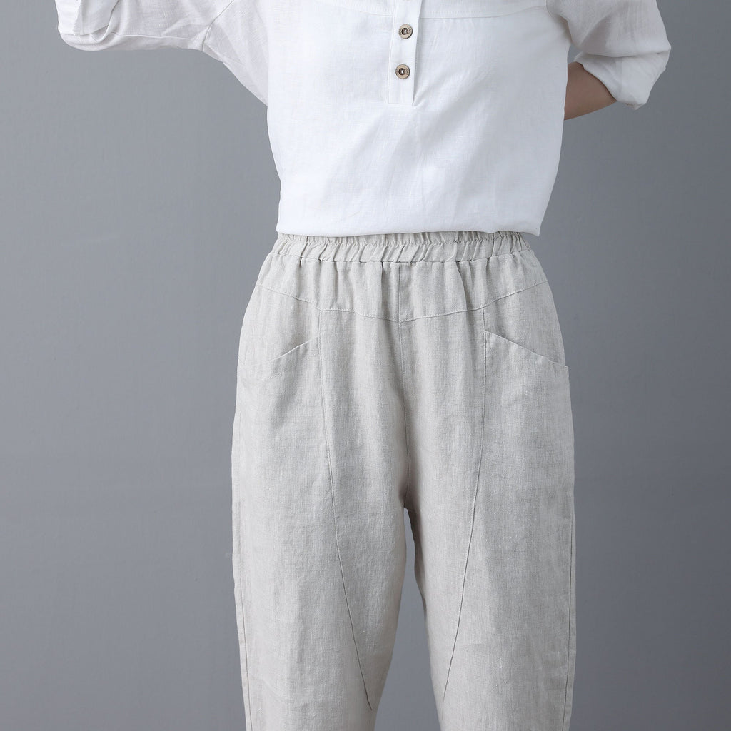 women elastic waist linen pants , casual minimal cropped pants, Long Linen pants, Tapered Linen Pants with pockets, Ylistyle C1863