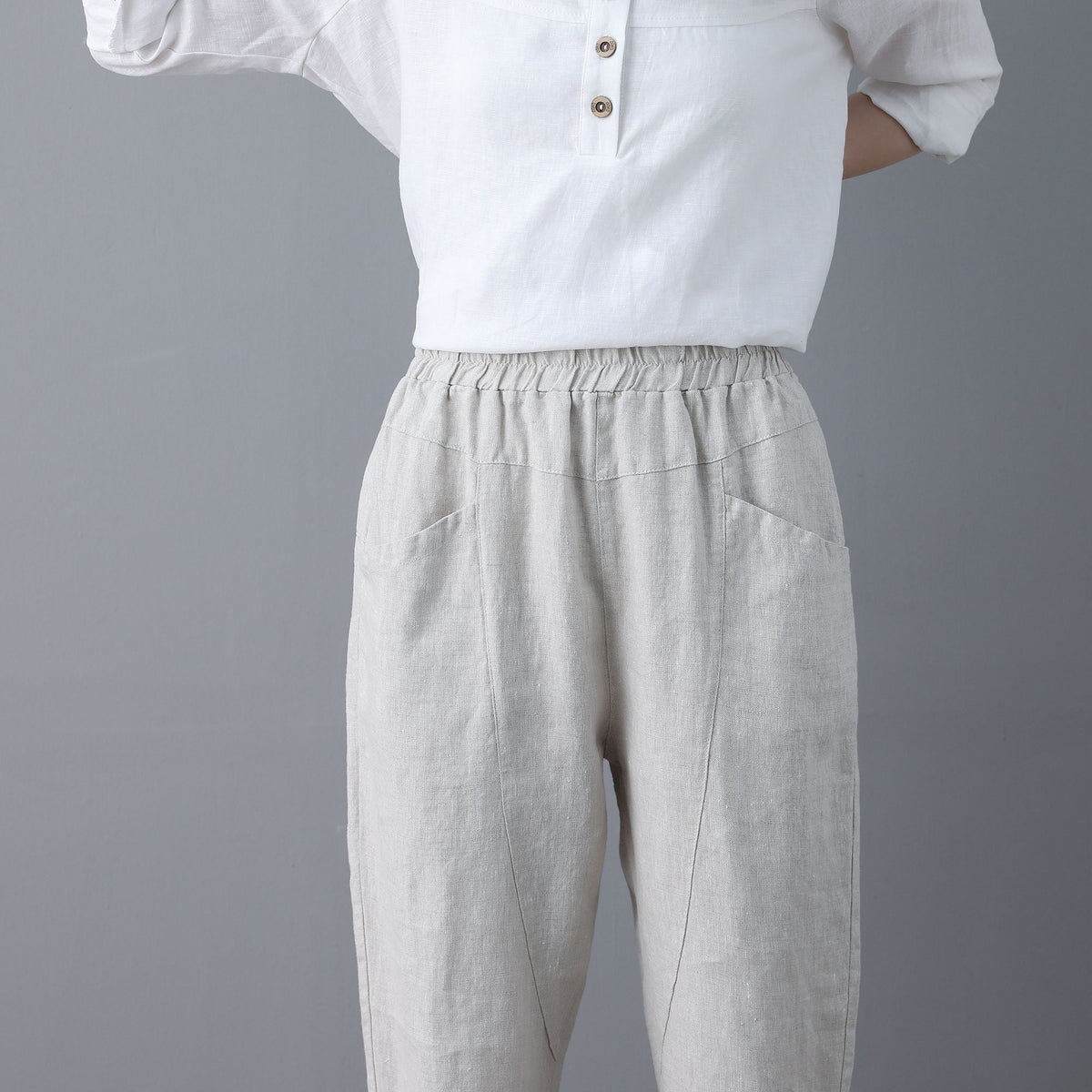 women elastic waist linen pants , casual minimal cropped pants, Long Linen pants, Tapered Linen Pants with pockets, Ylistyle C1863