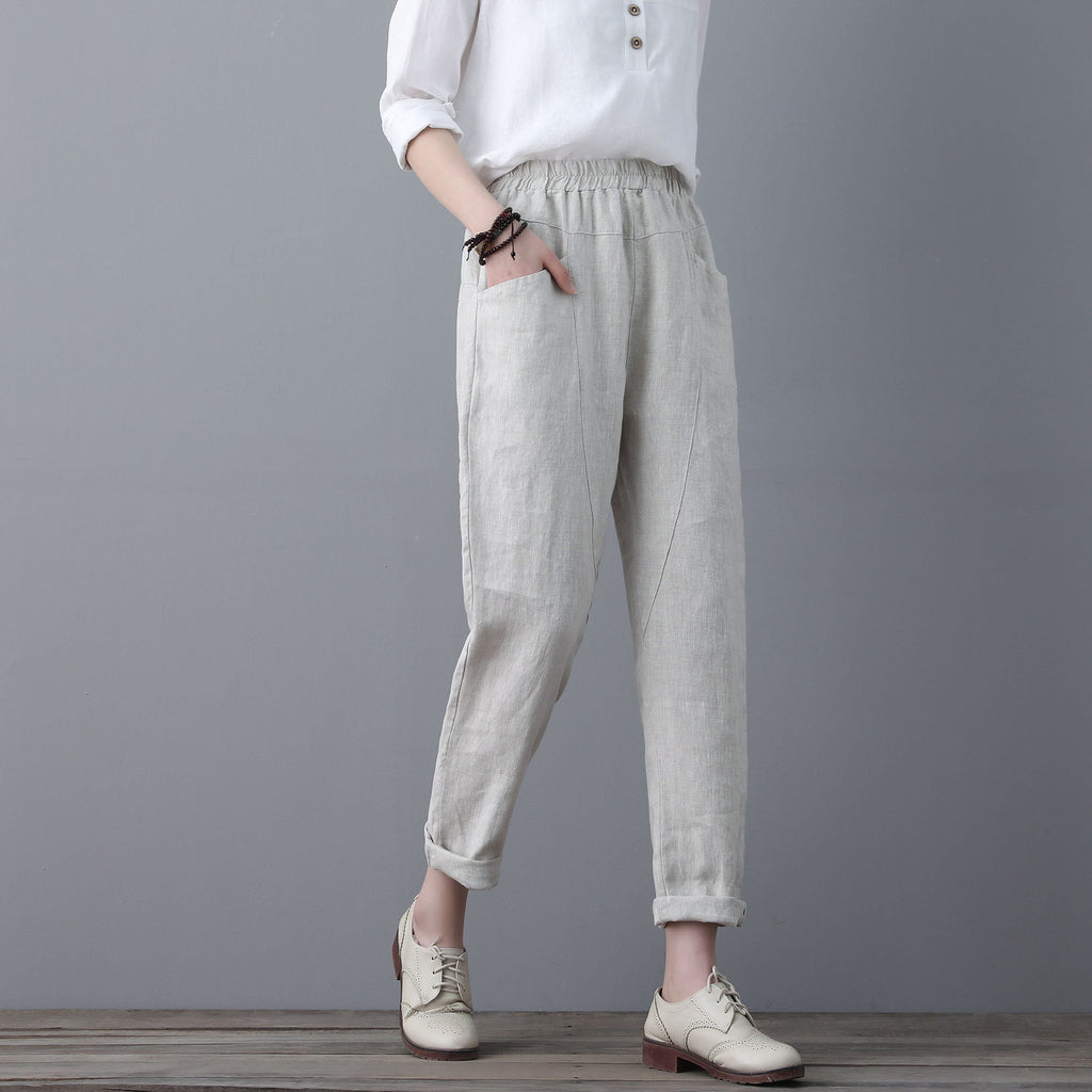 women elastic waist linen pants , casual minimal cropped pants, Long Linen pants, Tapered Linen Pants with pockets, Ylistyle C1863