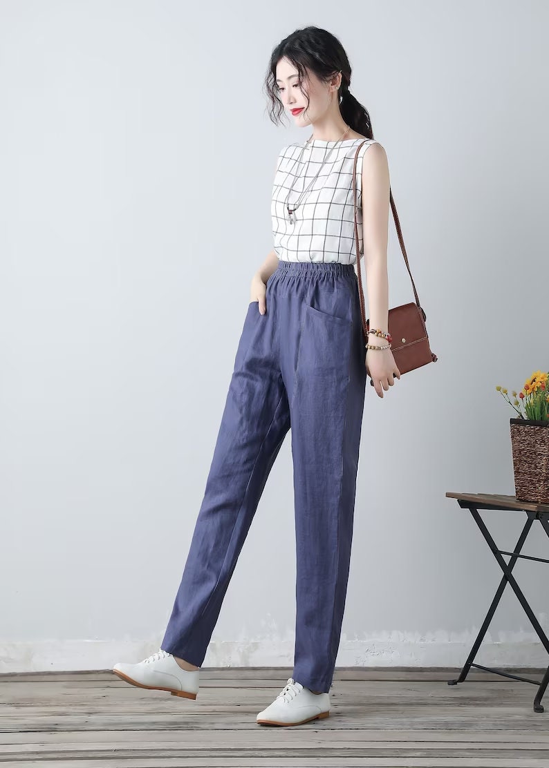 women elastic waist linen pants , casual minimal cropped pants, Long Linen pants, Tapered Linen Pants with pockets, Ylistyle C1863