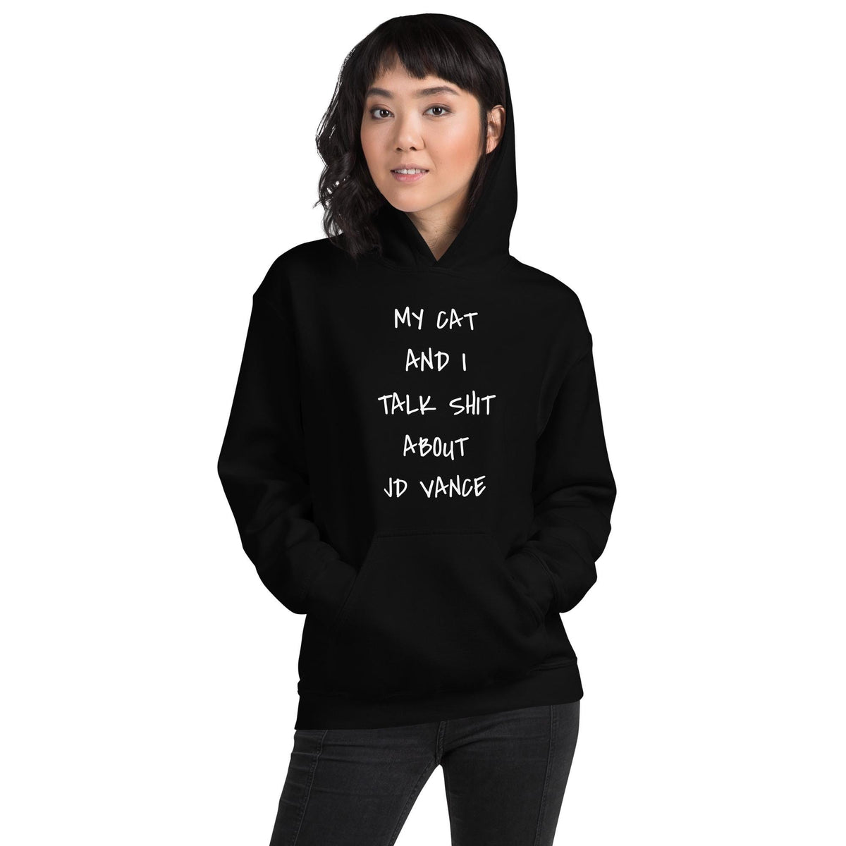 My cat and I talk shit about JD Vance hooded sweatshirt, childless cat lady who votes hoodie, vote 2024, Unisex Hoodie