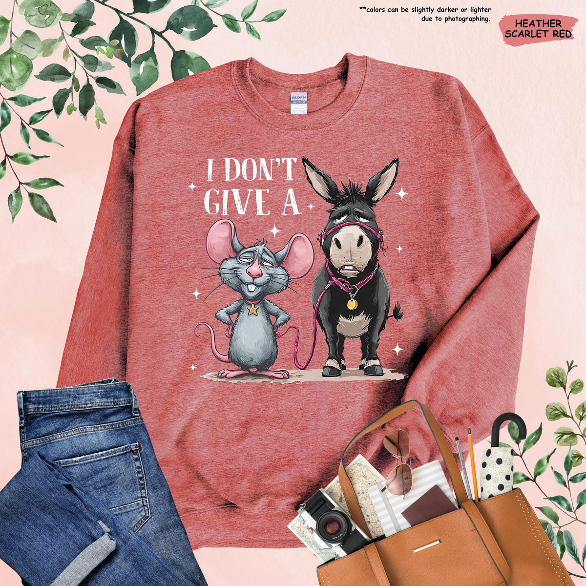 Funny Donkey and Mouse Sweatshirt, I Don't Give A Hoodie, Sarcastic Animal Design, Humor Graphic Top, Cozy Fall Sweatshirt, Gift for Her