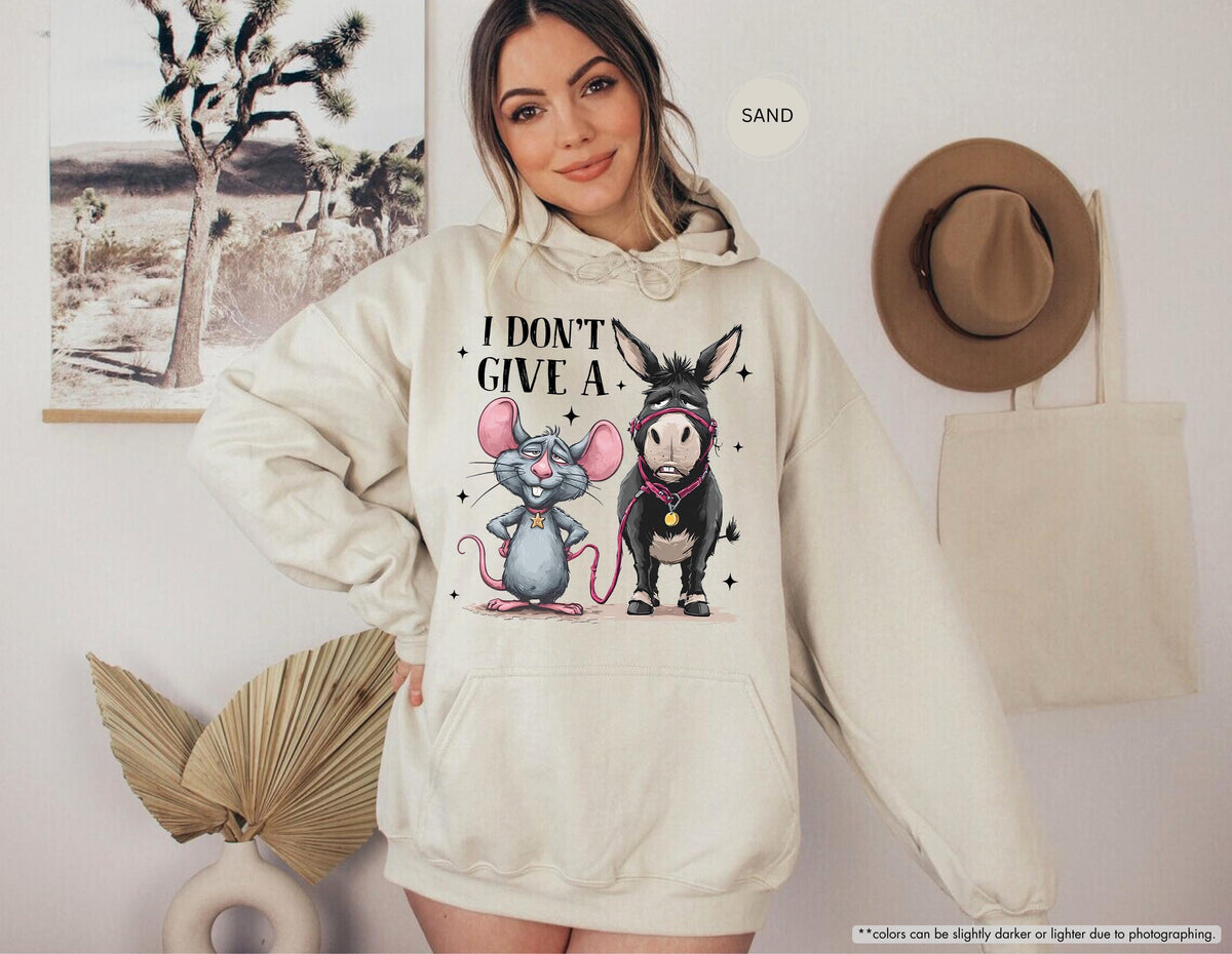 Funny Donkey and Mouse Sweatshirt, I Don't Give A Hoodie, Sarcastic Animal Design, Humor Graphic Top, Cozy Fall Sweatshirt, Gift for Her