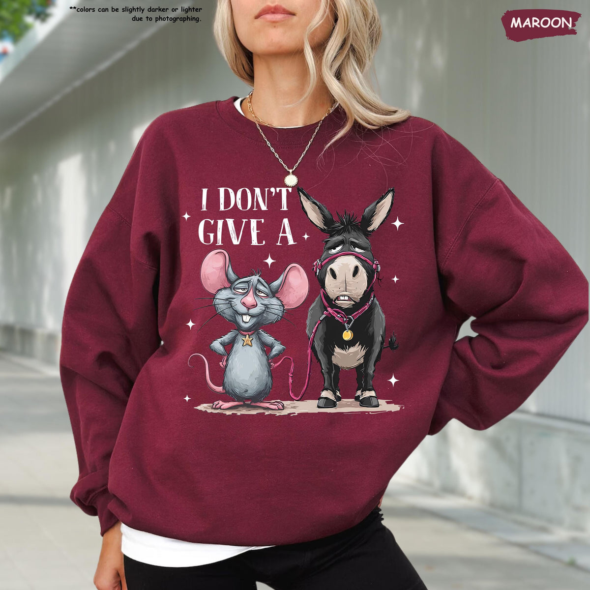 Funny Donkey and Mouse Sweatshirt, I Don't Give A Hoodie, Sarcastic Animal Design, Humor Graphic Top, Cozy Fall Sweatshirt, Gift for Her