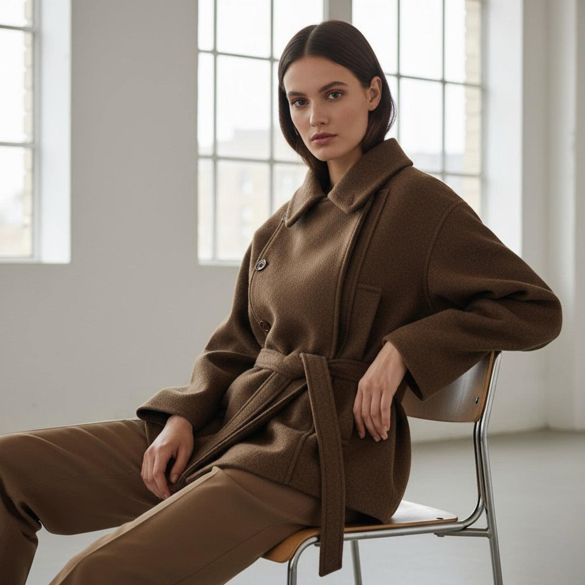 Women's Wool Alpaca Coat – Short Double-Breasted Belted Jacket, Brown & Gray Peacoat, Winter Outerwear, Minimalist Commuter Style