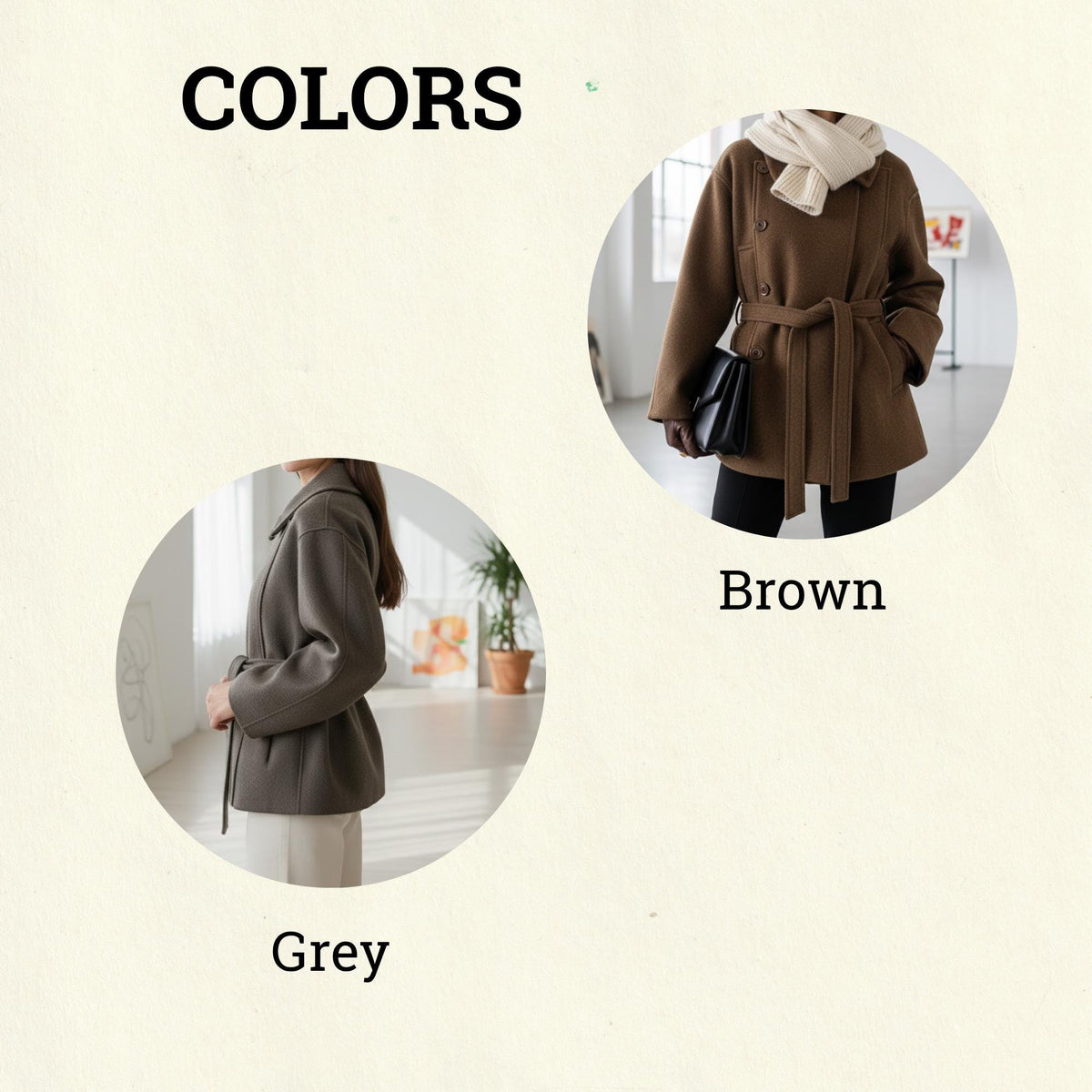 Women's Wool Alpaca Coat – Short Double-Breasted Belted Jacket, Brown & Gray Peacoat, Winter Outerwear, Minimalist Commuter Style