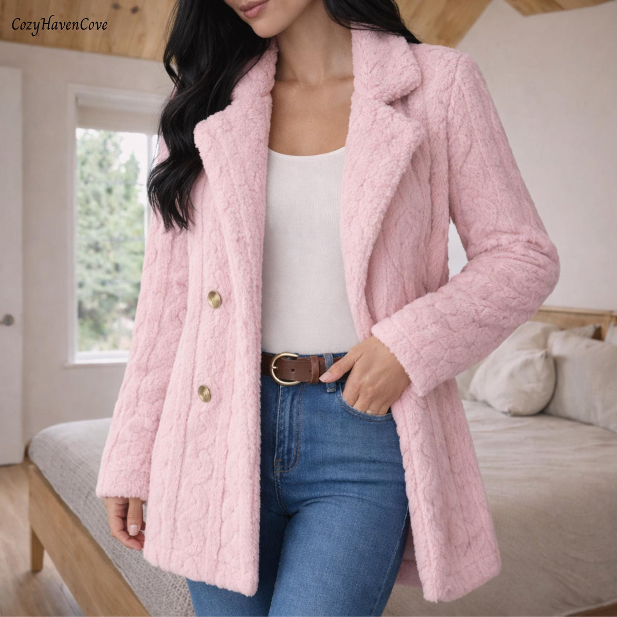 Womens Winter Coat Jacket, Long Knit Button Cardigan, Minimalist Outerwear, Red White Pink Autumn Layer