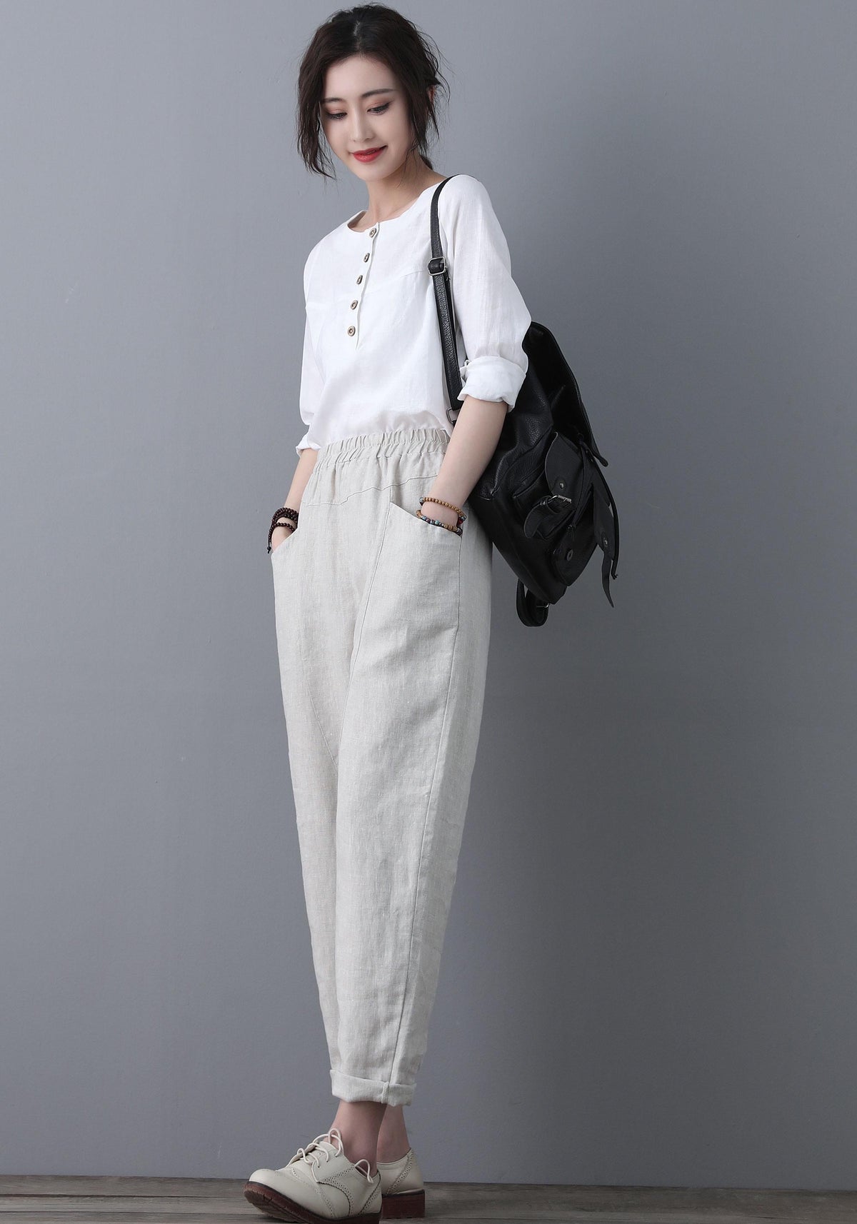 women elastic waist linen pants , casual minimal cropped pants, Long Linen pants, Tapered Linen Pants with pockets, Ylistyle C1863