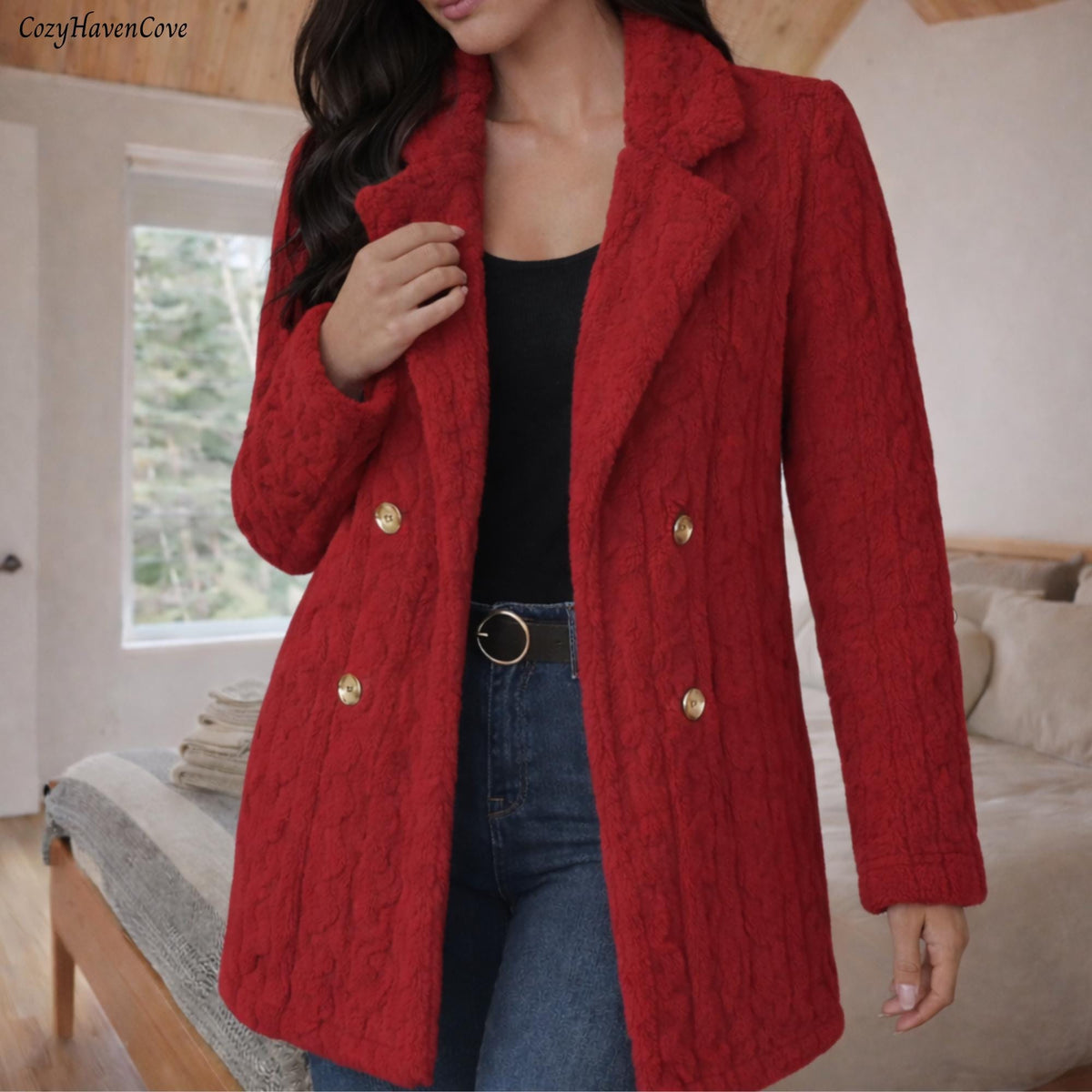 Womens Winter Coat Jacket, Long Knit Button Cardigan, Minimalist Outerwear, Red White Pink Autumn Layer