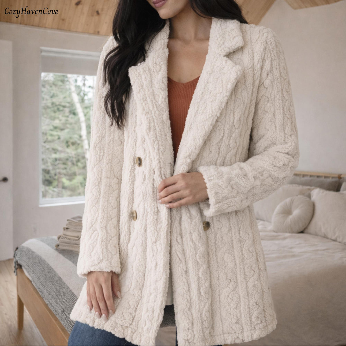 Womens Winter Coat Jacket, Long Knit Button Cardigan, Minimalist Outerwear, Red White Pink Autumn Layer