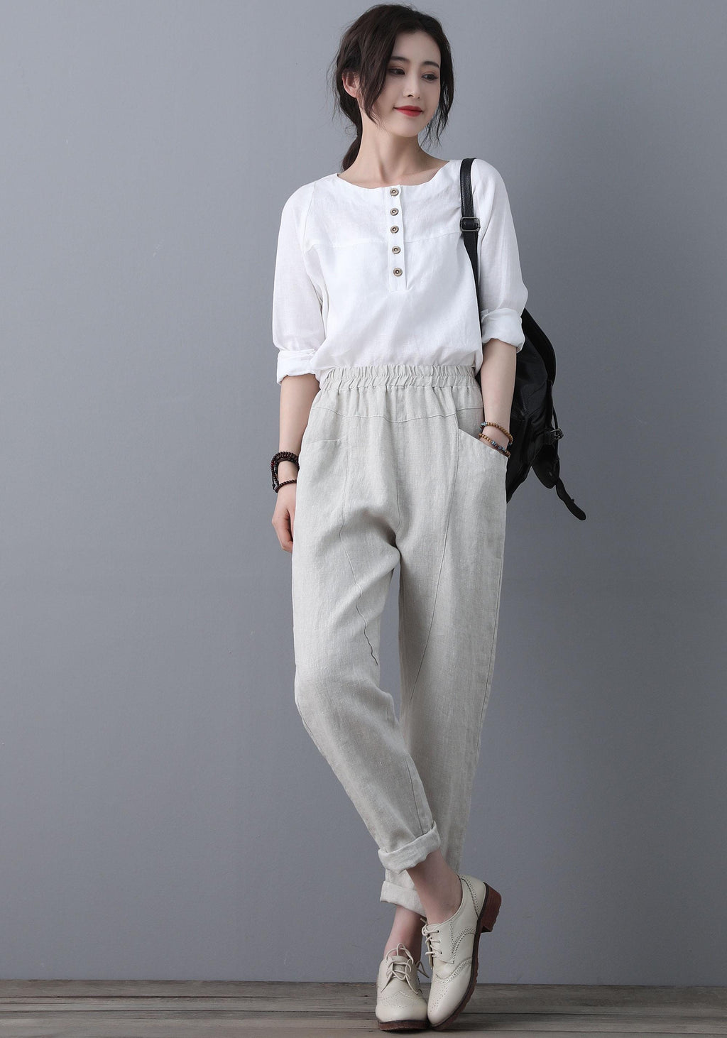 women elastic waist linen pants , casual minimal cropped pants, Long Linen pants, Tapered Linen Pants with pockets, Ylistyle C1863