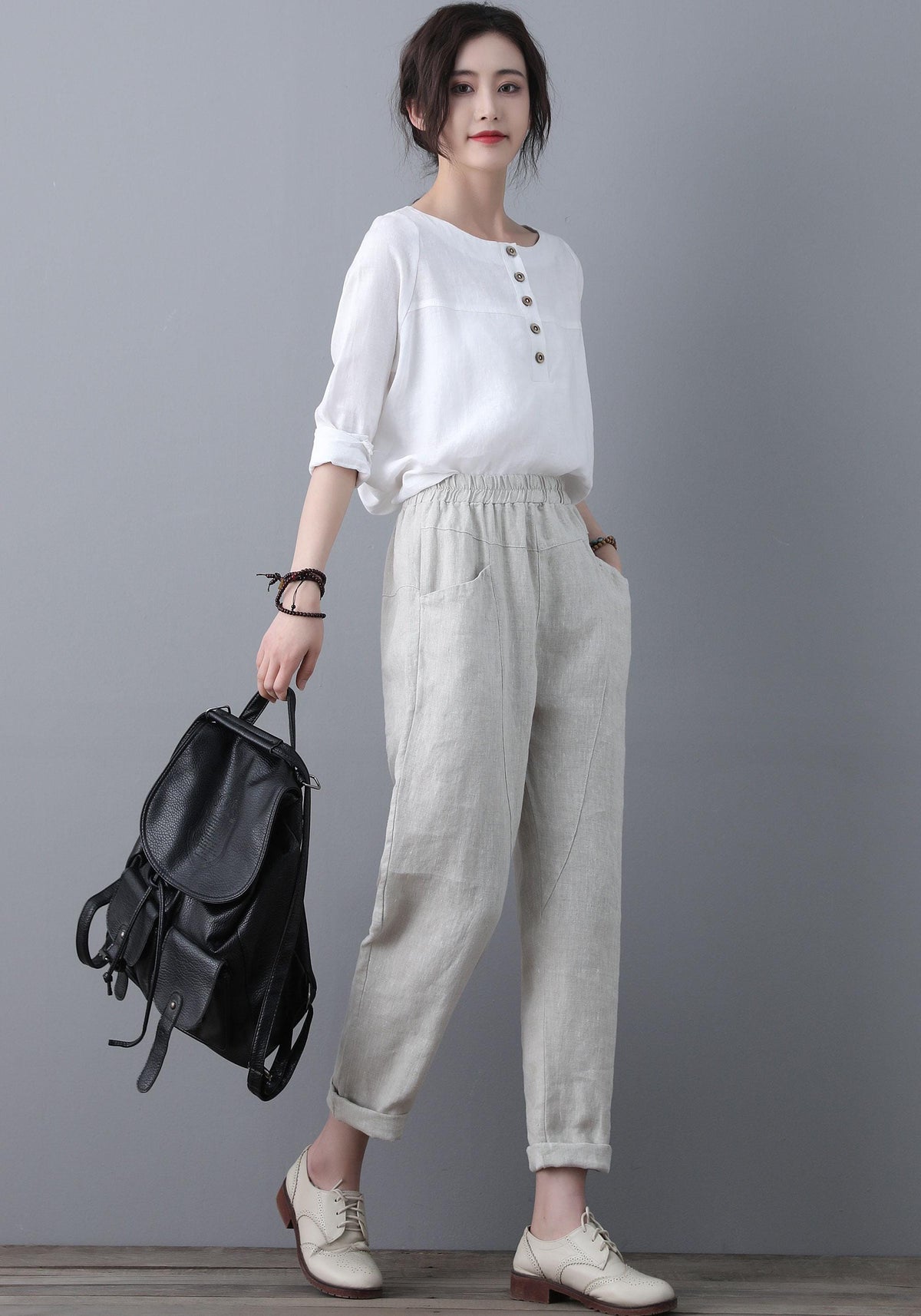 women elastic waist linen pants , casual minimal cropped pants, Long Linen pants, Tapered Linen Pants with pockets, Ylistyle C1863