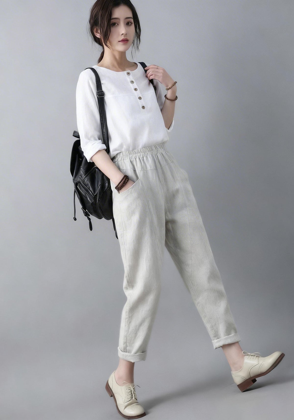 women elastic waist linen pants , casual minimal cropped pants, Long Linen pants, Tapered Linen Pants with pockets, Ylistyle C1863