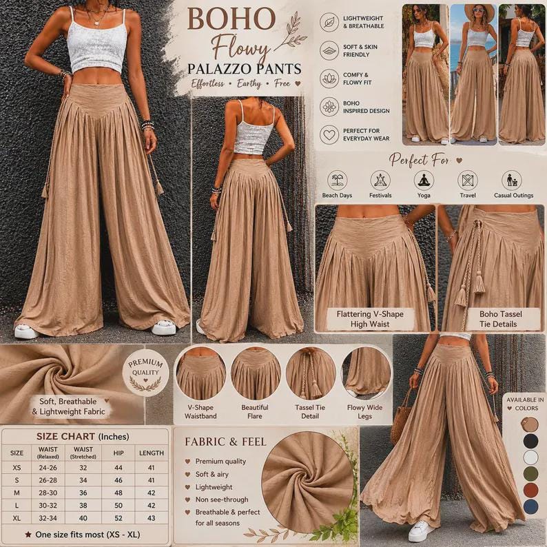 Boho Wide Leg Palazzo Pants for Women | High Waist Flowy Linen Look Trousers | Casual Summer Lounge Pants | Boho Linen Trousers | Minimalist