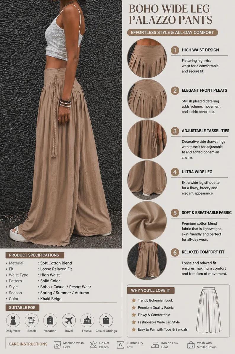 Boho Wide Leg Palazzo Pants for Women | High Waist Flowy Linen Look Trousers | Casual Summer Lounge Pants | Boho Linen Trousers | Minimalist