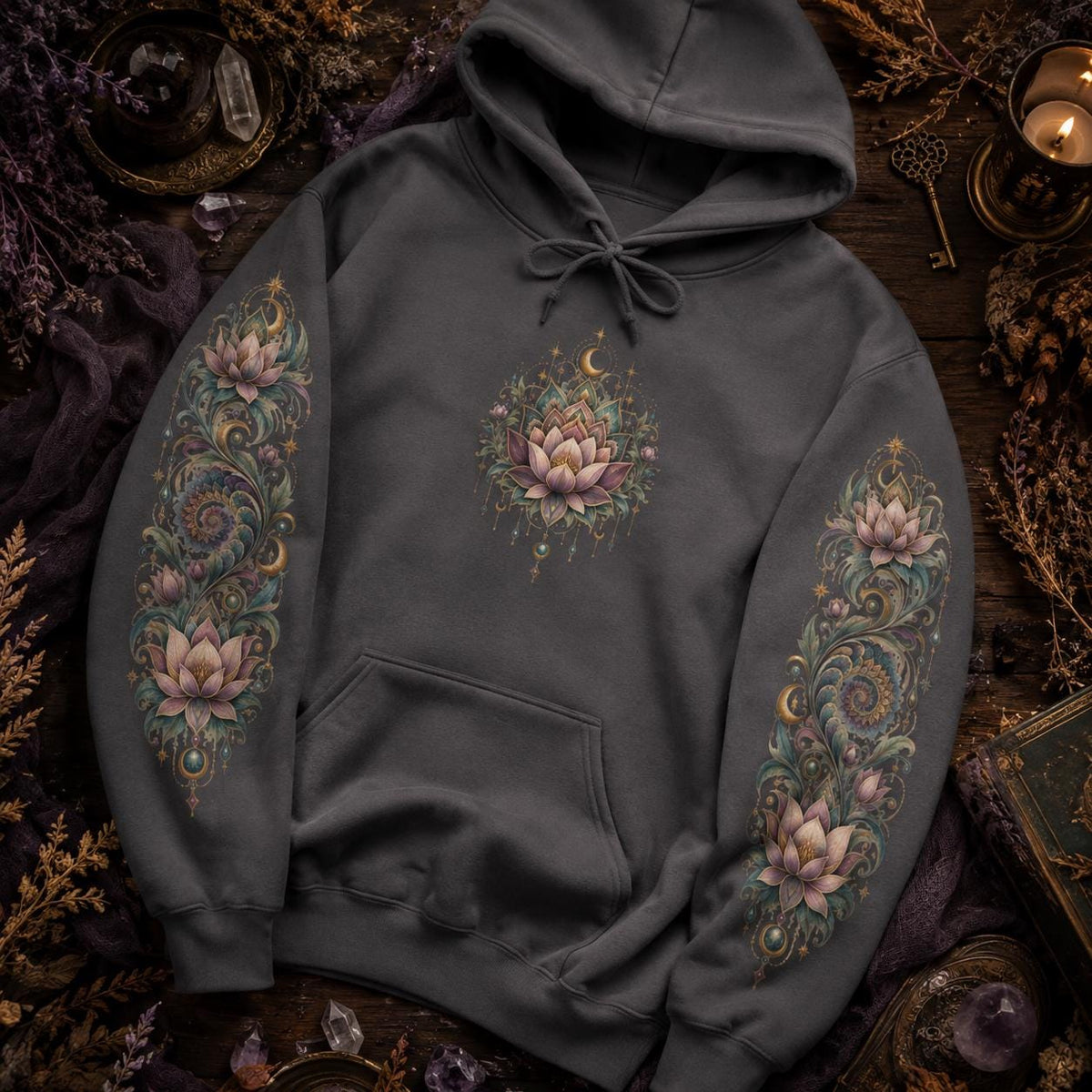 Lotus Mandala Hoodie, Celestial Floral Sweatshirt, Boho Spiritual Pullover (DTG Print)