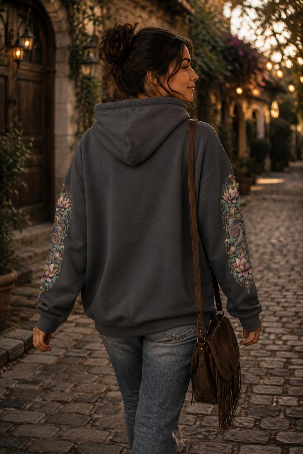 Lotus Mandala Hoodie, Celestial Floral Sweatshirt, Boho Spiritual Pullover (DTG Print)