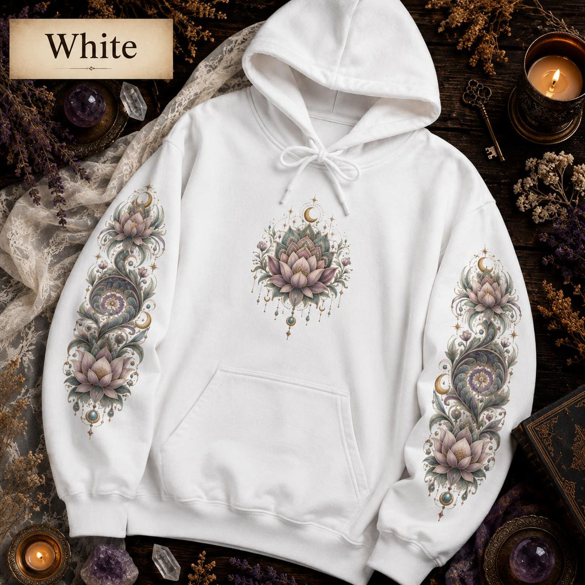 Lotus Mandala Hoodie, Celestial Floral Sweatshirt, Boho Spiritual Pullover (DTG Print)