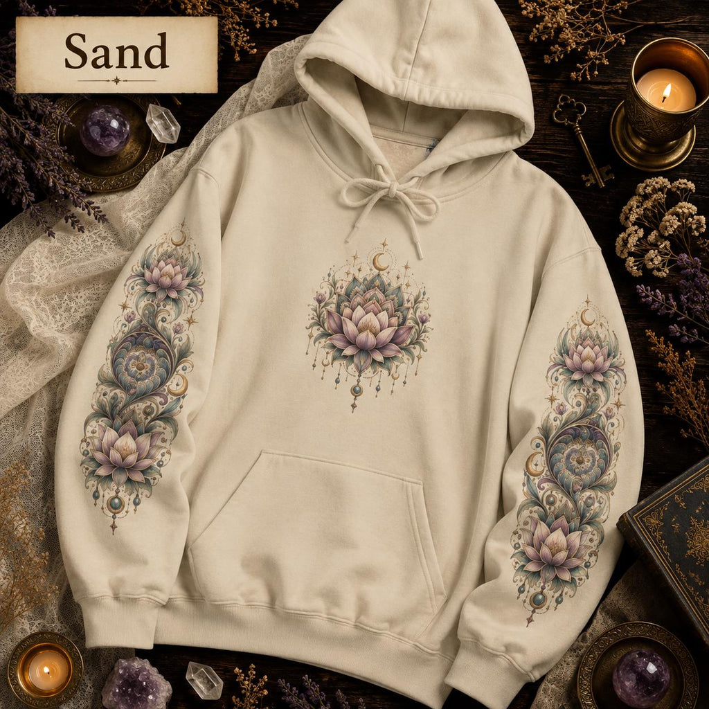 Lotus Mandala Hoodie, Celestial Floral Sweatshirt, Boho Spiritual Pullover (DTG Print)
