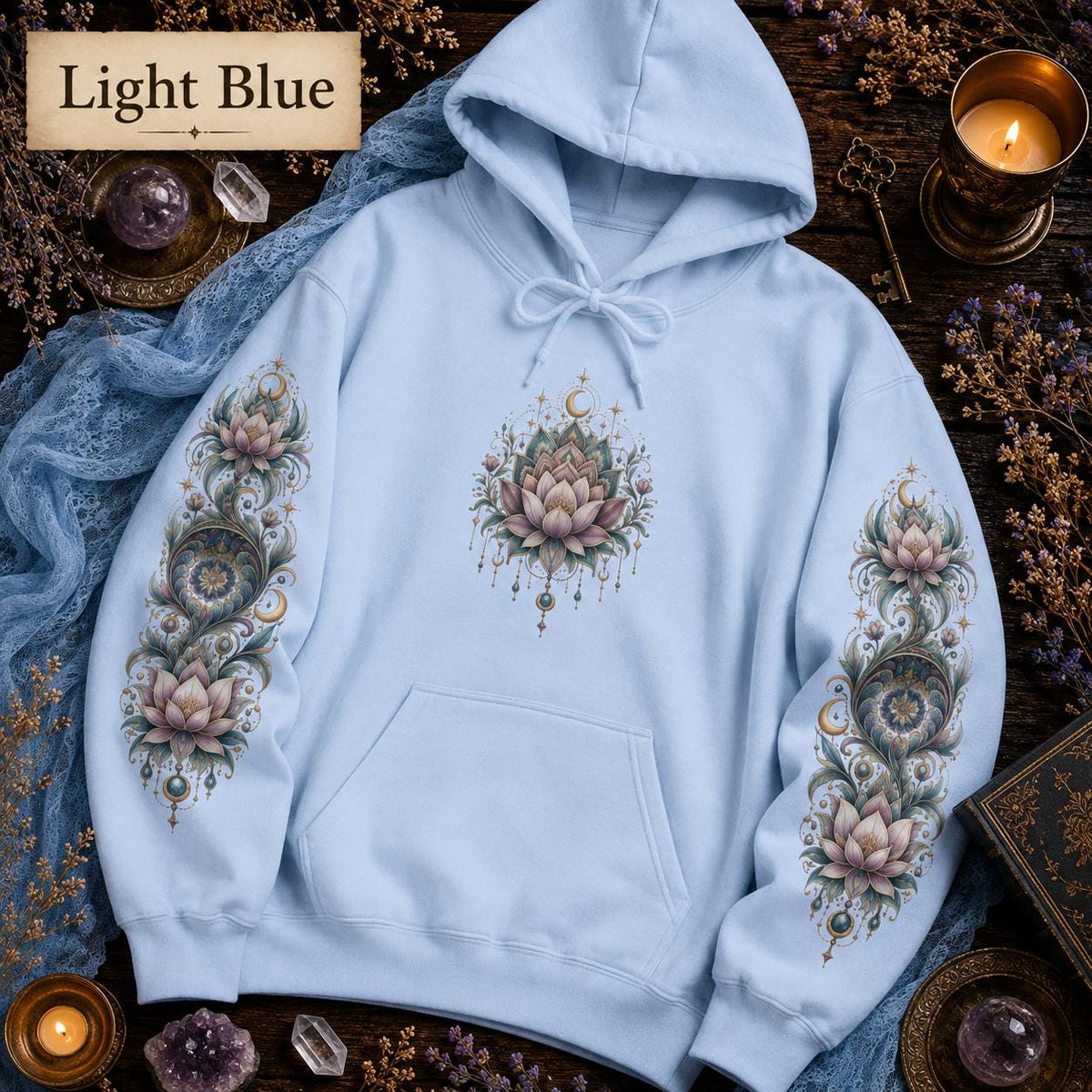 Lotus Mandala Hoodie, Celestial Floral Sweatshirt, Boho Spiritual Pullover (DTG Print)