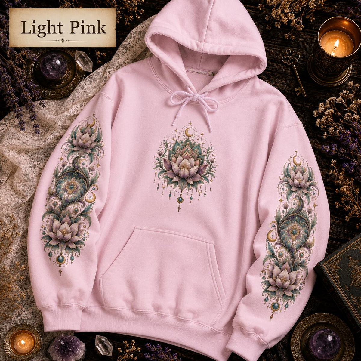 Lotus Mandala Hoodie, Celestial Floral Sweatshirt, Boho Spiritual Pullover (DTG Print)