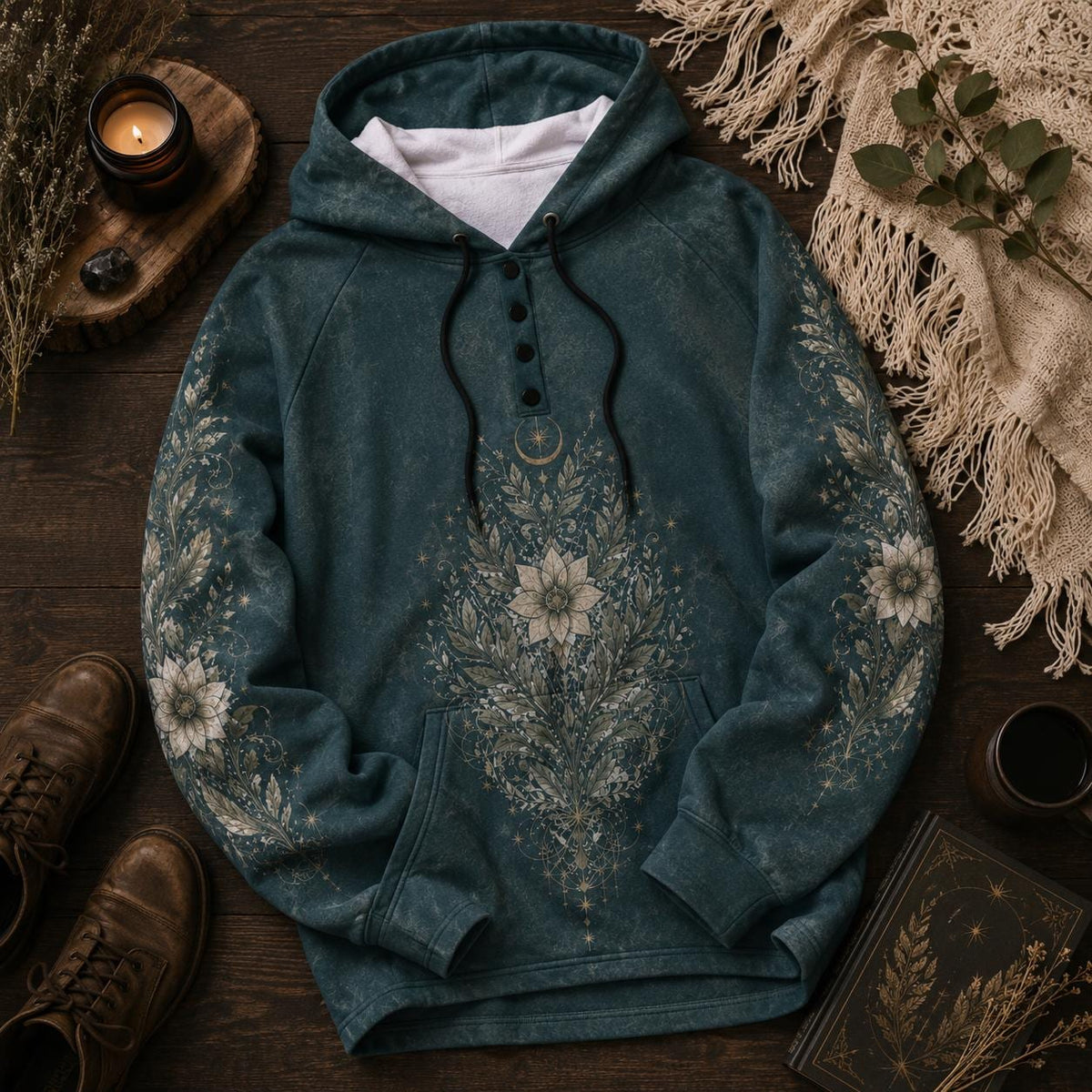 Women's Botanical Celestial Hoodie, Teal Floral Hoodie, Boho Fleece Pullover, Moon & Wildflower Swea
