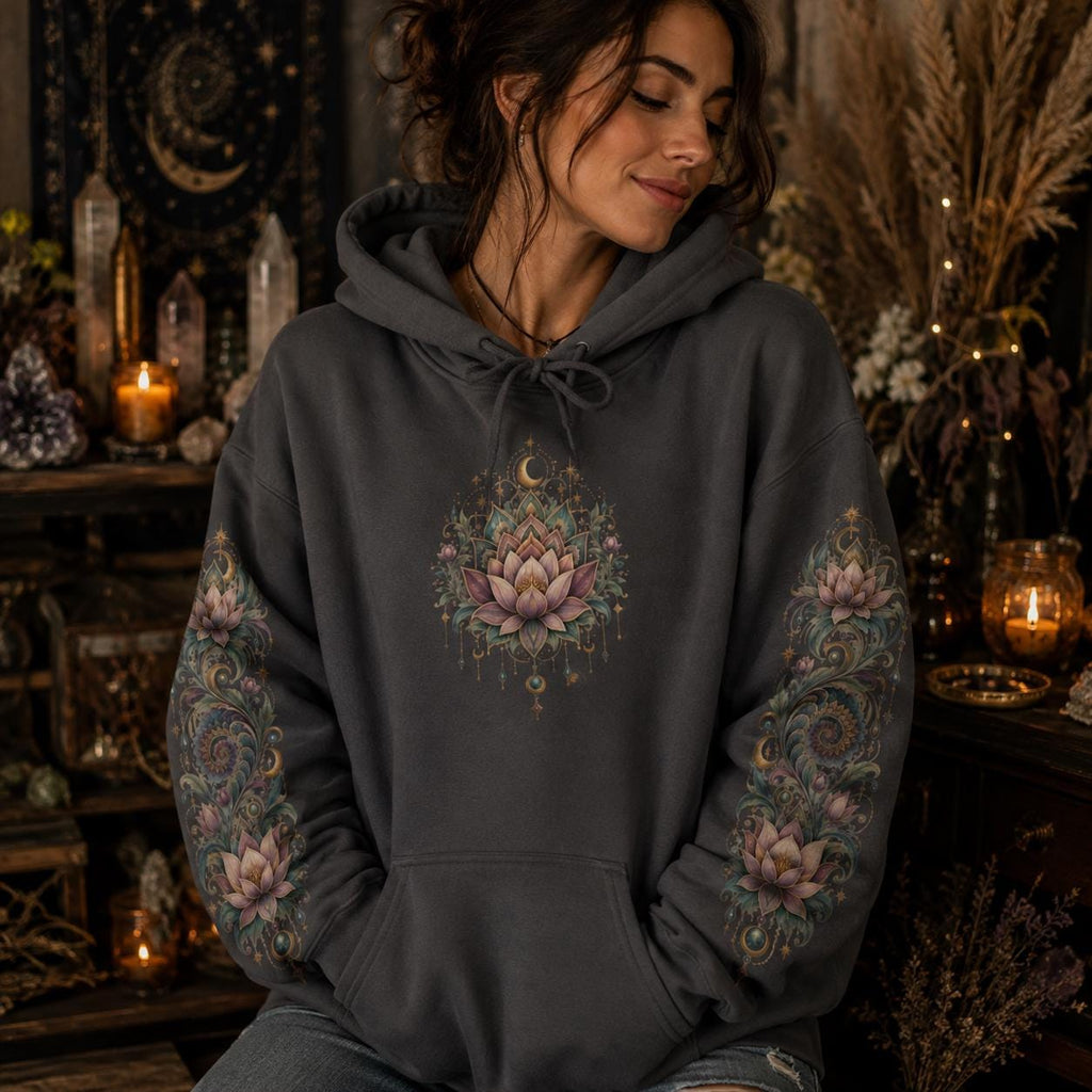 Lotus Mandala Hoodie, Celestial Floral Sweatshirt, Boho Spiritual Pullover (DTG Print)