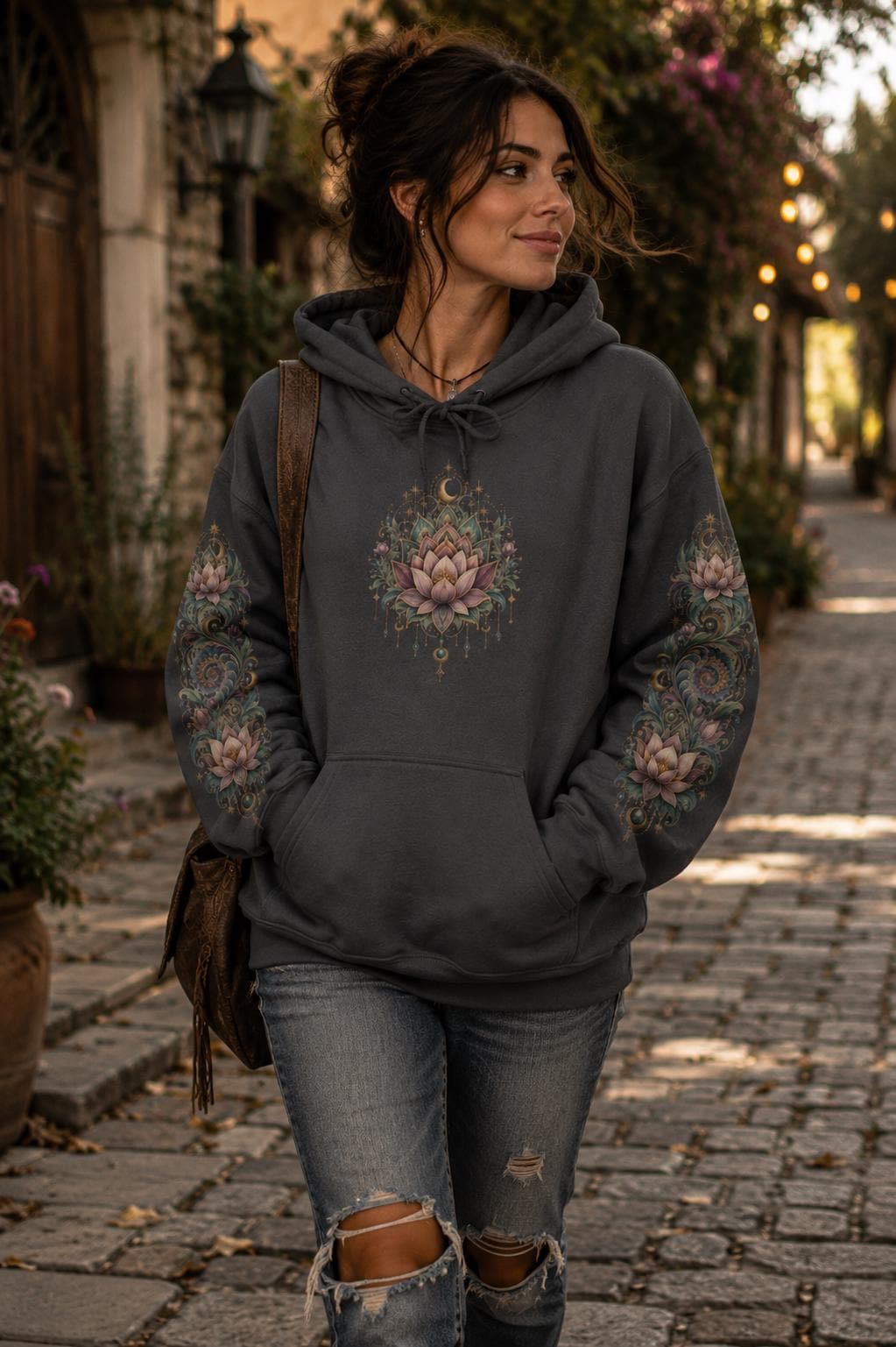 Lotus Mandala Hoodie, Celestial Floral Sweatshirt, Boho Spiritual Pullover (DTG Print)