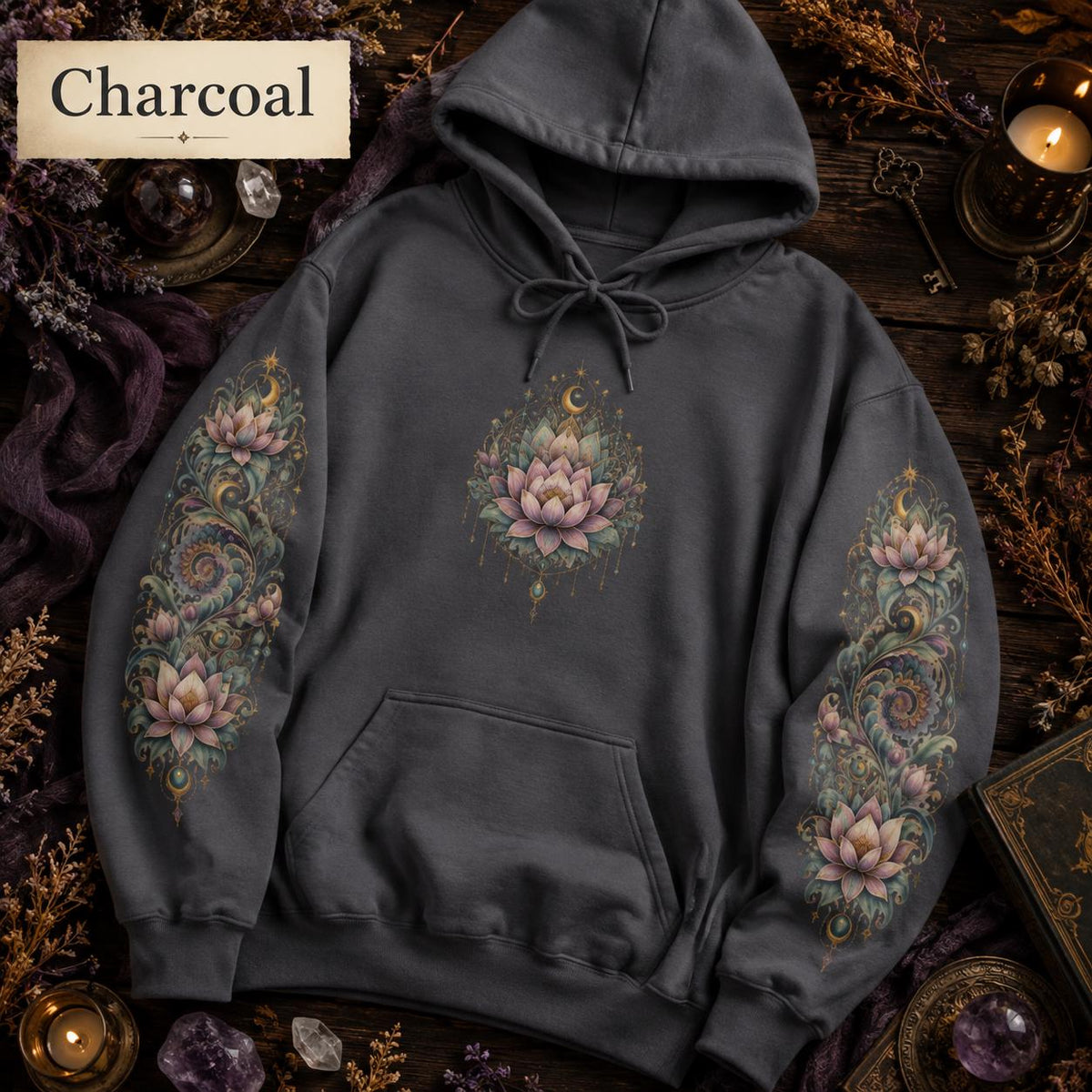 Lotus Mandala Hoodie, Celestial Floral Sweatshirt, Boho Spiritual Pullover (DTG Print)