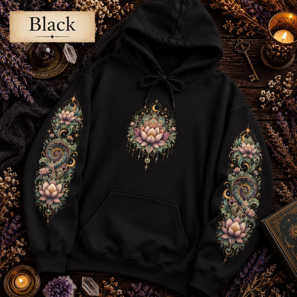 Lotus Mandala Hoodie, Celestial Floral Sweatshirt, Boho Spiritual Pullover (DTG Print)