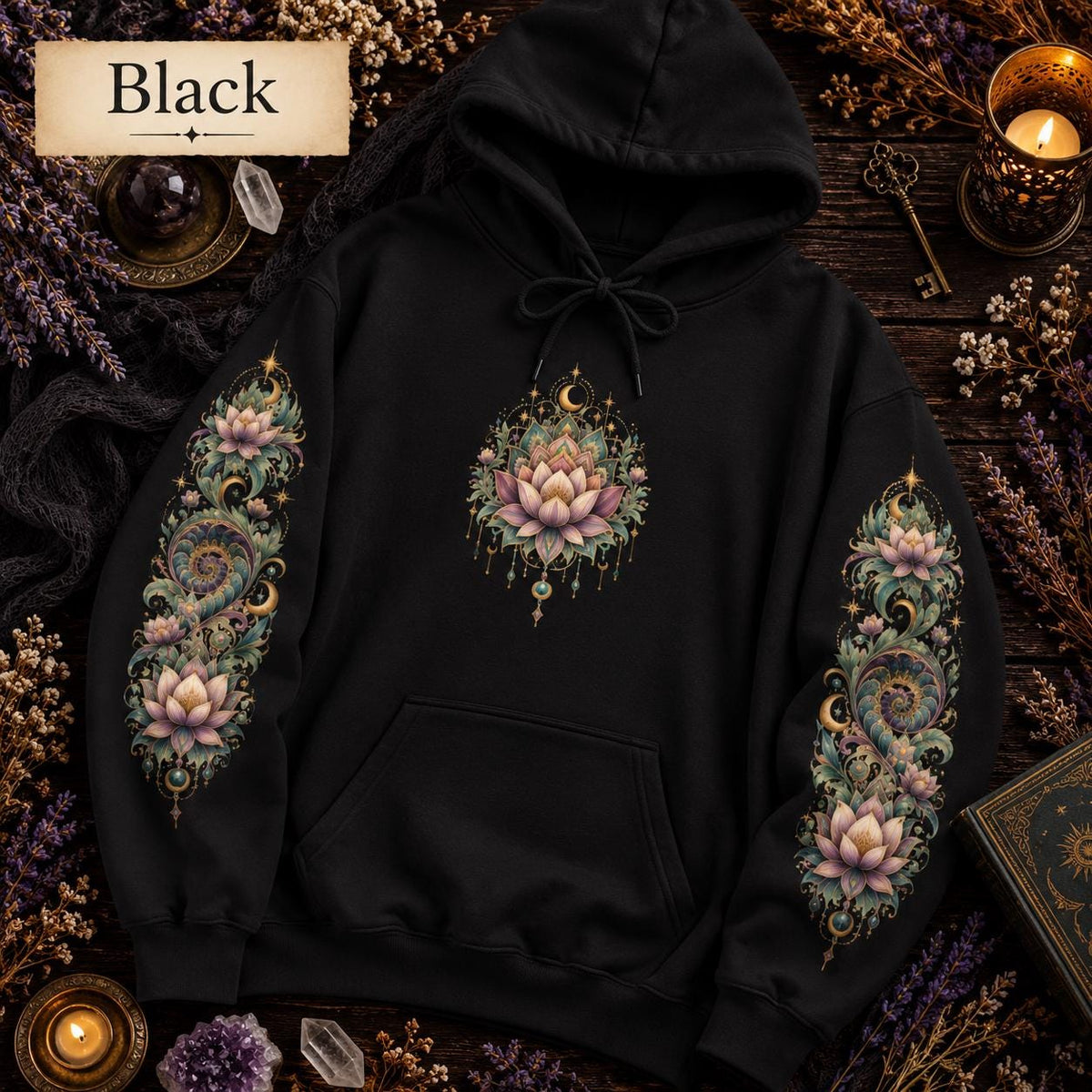 Lotus Mandala Hoodie, Celestial Floral Sweatshirt, Boho Spiritual Pullover (DTG Print)