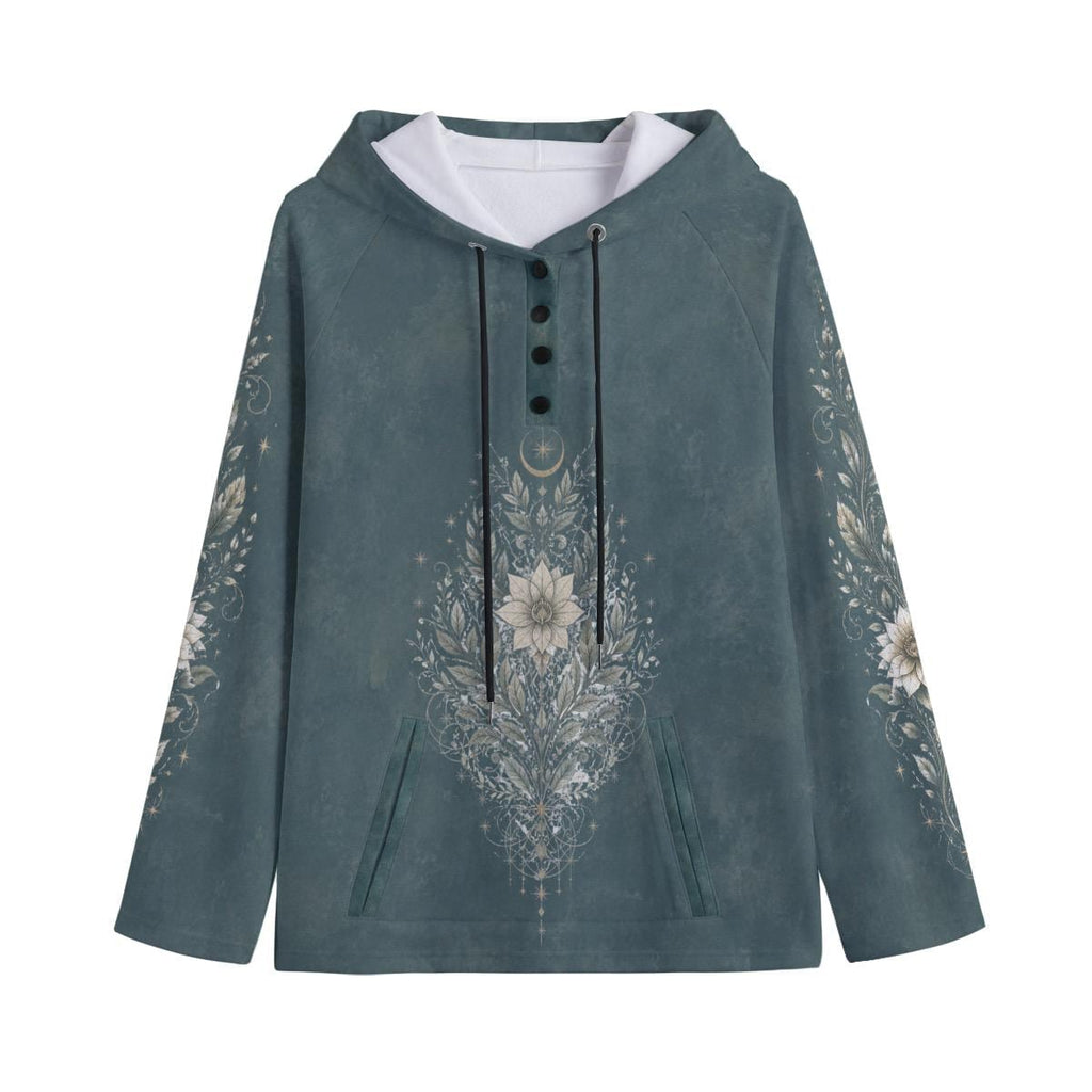 Women's Botanical Celestial Hoodie, Teal Floral Hoodie, Boho Fleece Pullover, Moon & Wildflower Swea