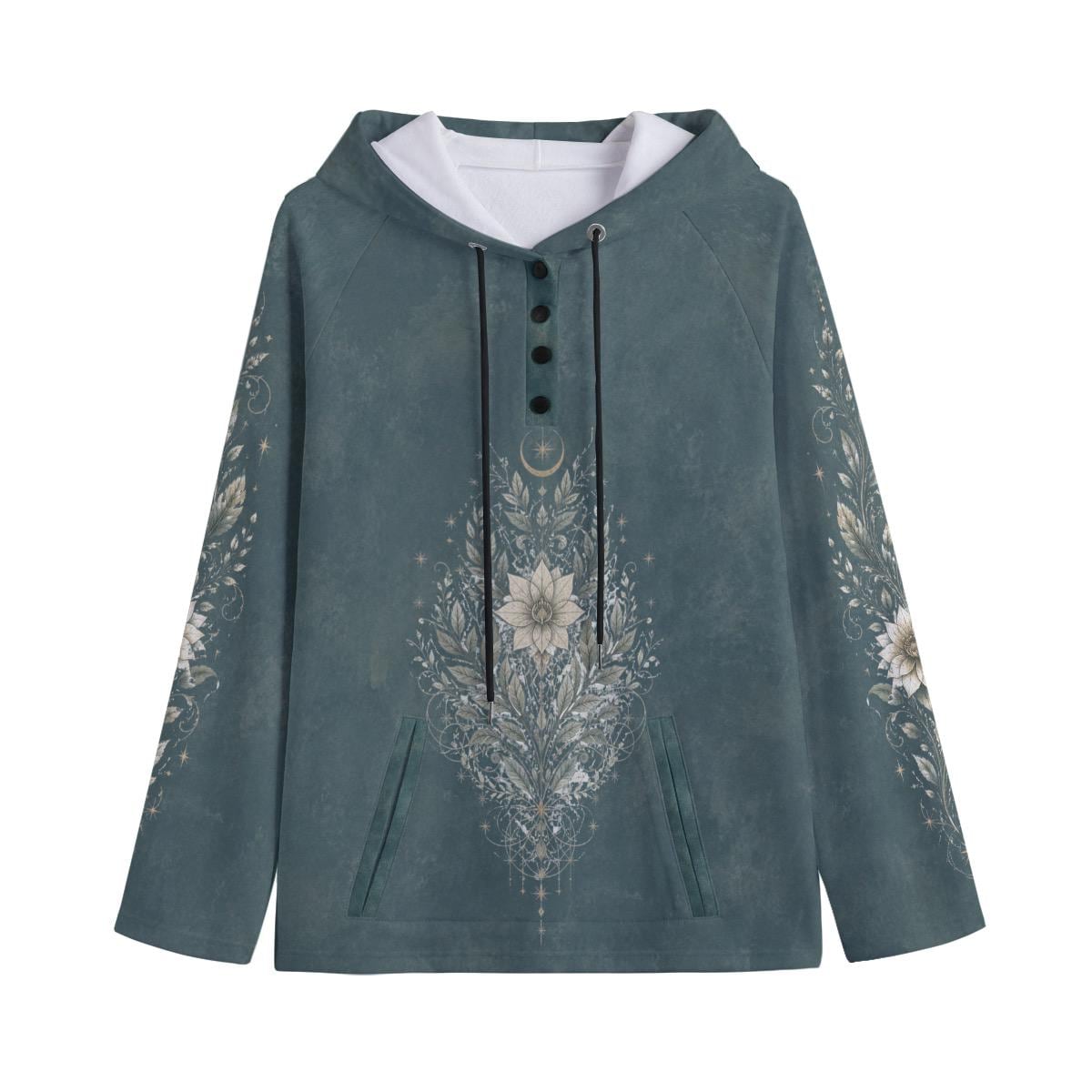 Women's Botanical Celestial Hoodie, Teal Floral Hoodie, Boho Fleece Pullover, Moon & Wildflower Swea