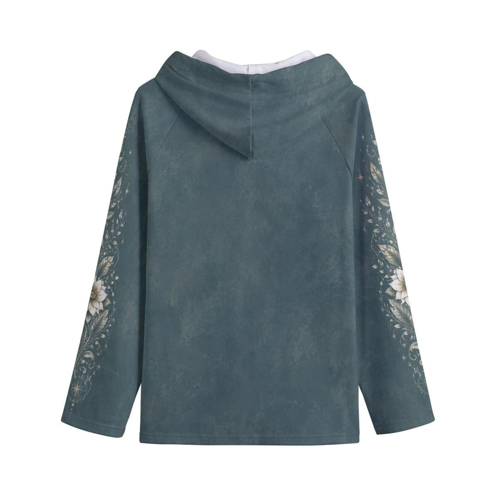 Women's Botanical Celestial Hoodie, Teal Floral Hoodie, Boho Fleece Pullover, Moon & Wildflower Swea