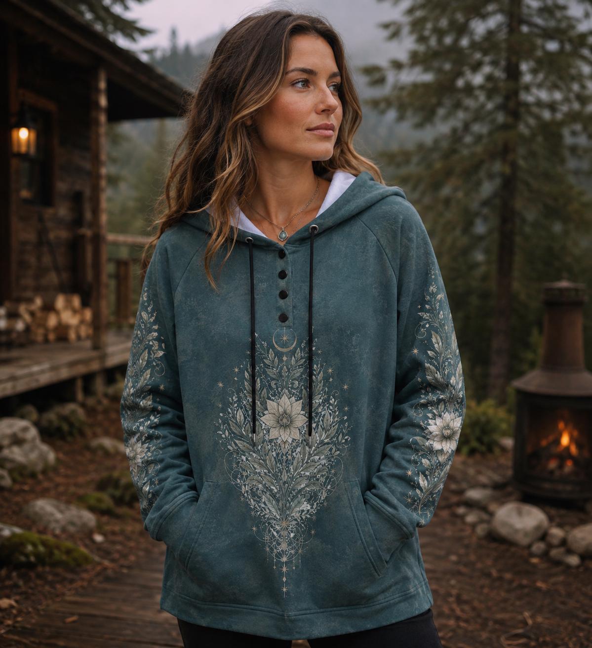 Women's Botanical Celestial Hoodie, Teal Floral Hoodie, Boho Fleece Pullover, Moon & Wildflower Swea