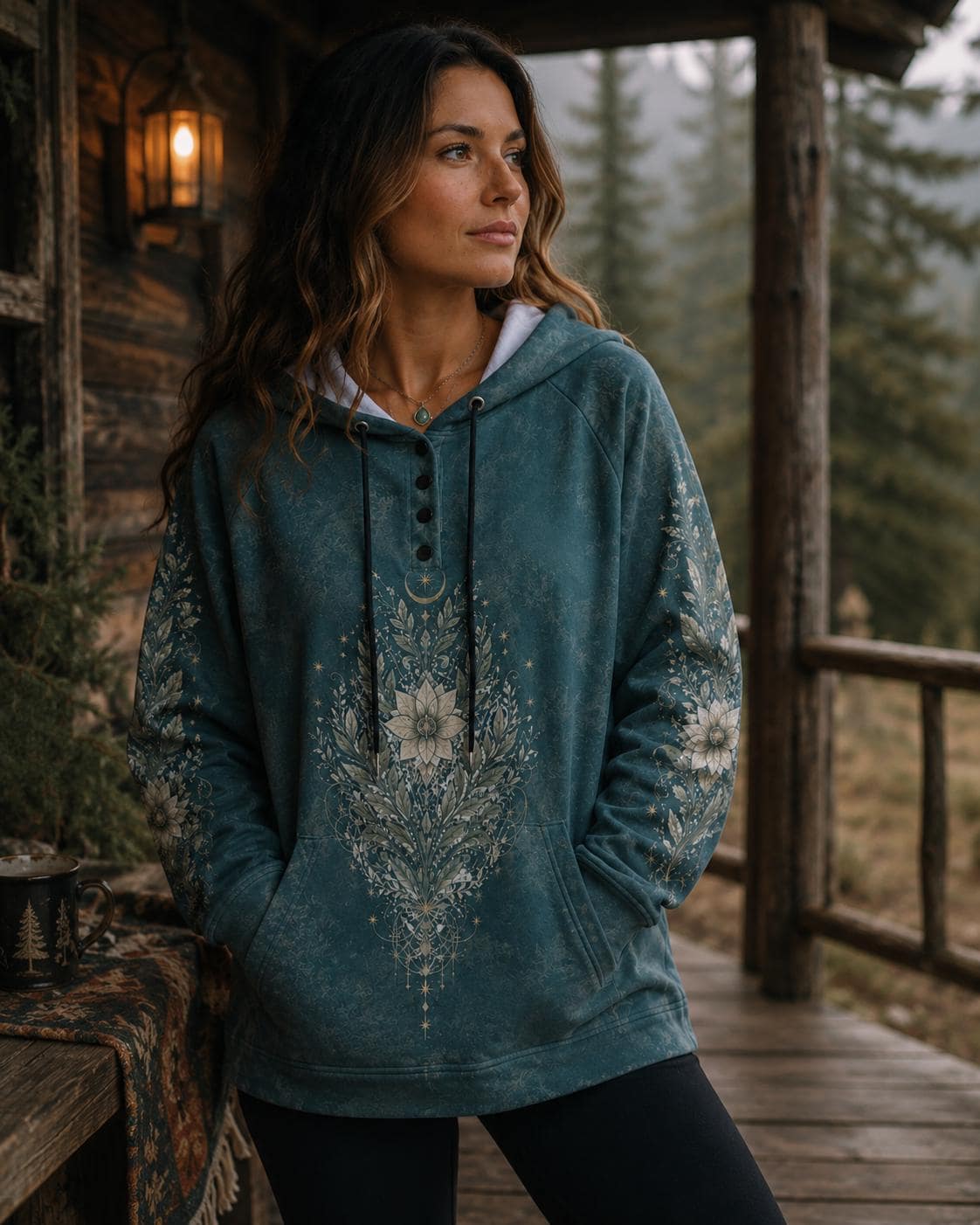 Women's Botanical Celestial Hoodie, Teal Floral Hoodie, Boho Fleece Pullover, Moon & Wildflower Swea