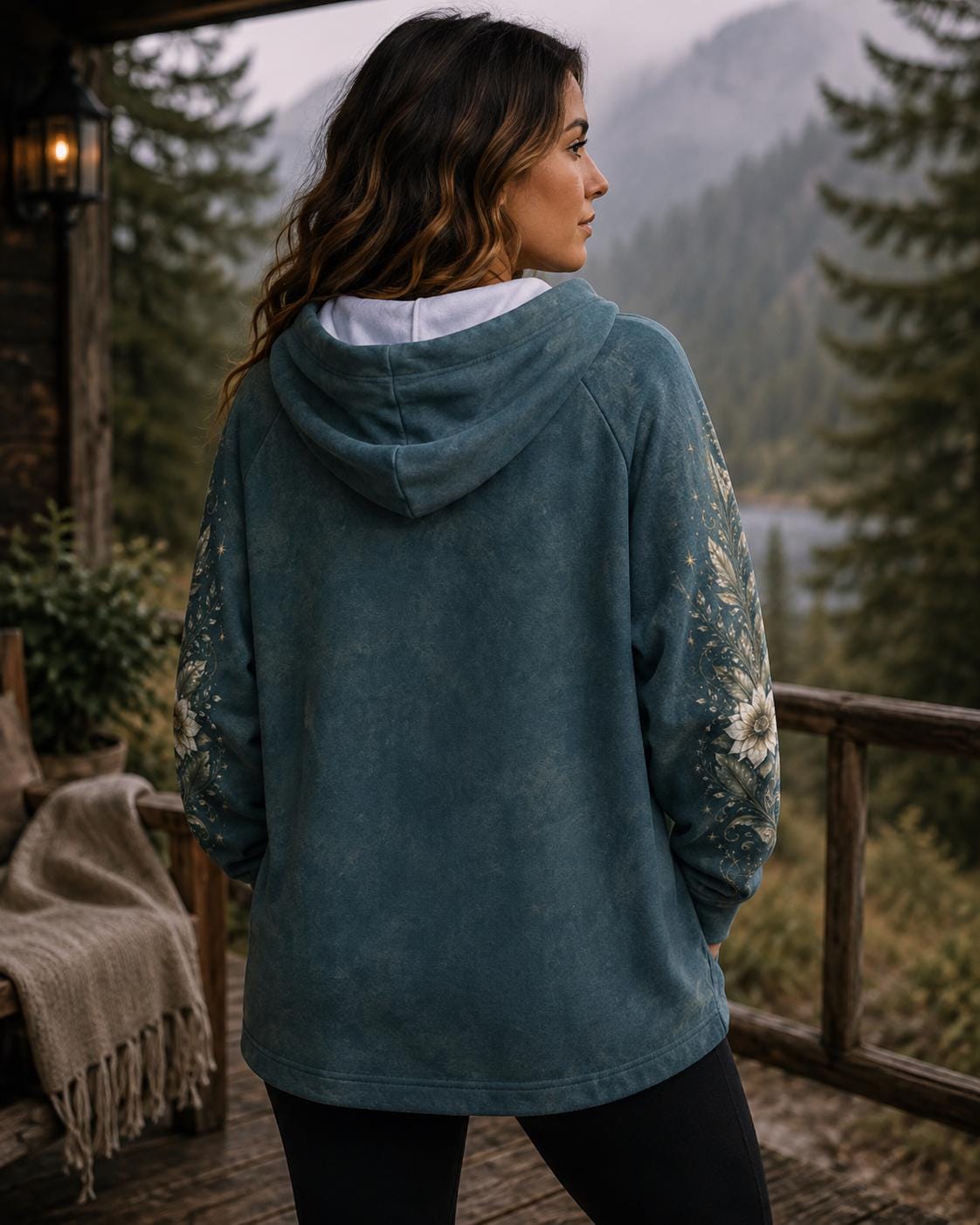 Women's Botanical Celestial Hoodie, Teal Floral Hoodie, Boho Fleece Pullover, Moon & Wildflower Swea