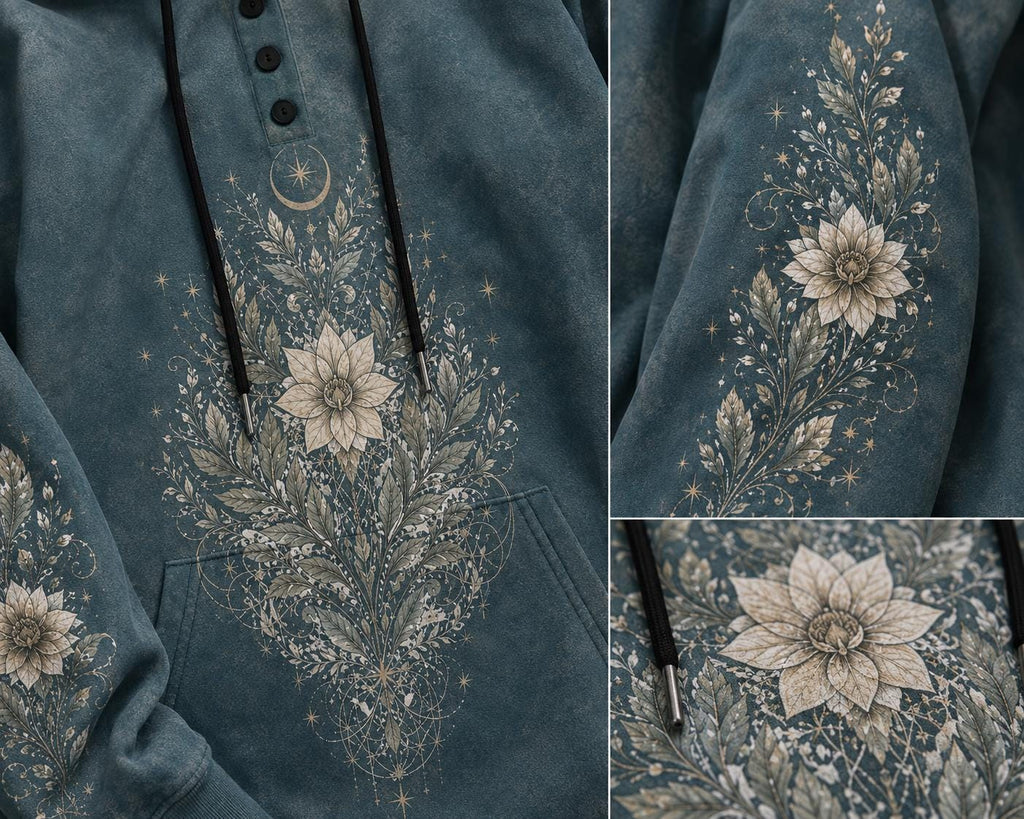 Women's Botanical Celestial Hoodie, Teal Floral Hoodie, Boho Fleece Pullover, Moon & Wildflower Swea