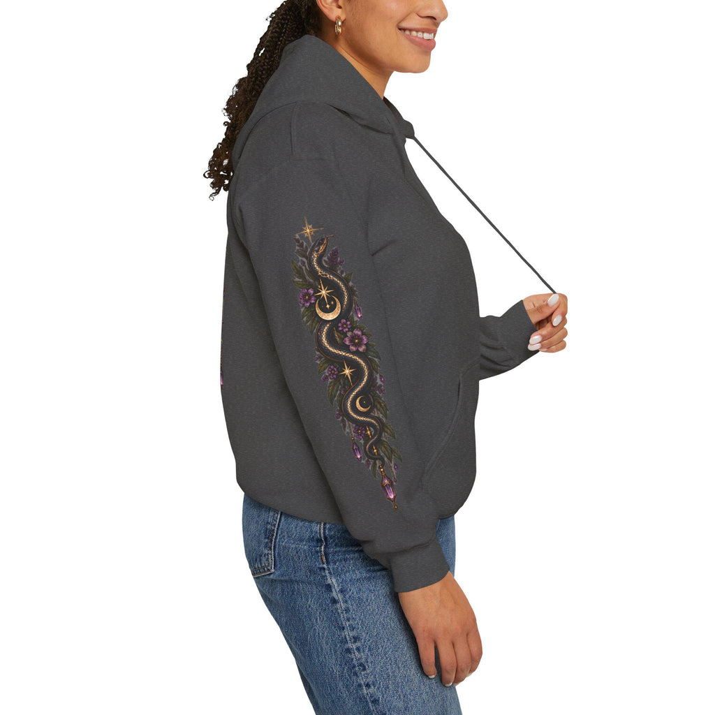 Witchy Snake Hoodie, Celestial Serpent Gildan 18500 Sweatshirt, Moon Phase Back and Sleeve Print, Gothic Botanical Hoodie