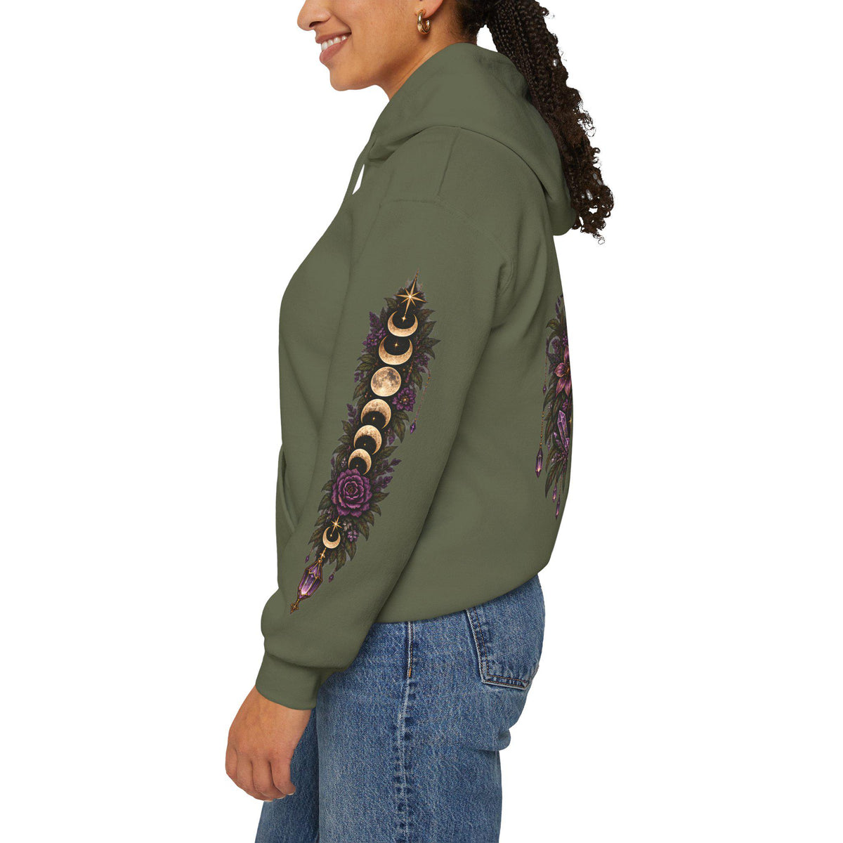Witchy Snake Hoodie, Celestial Serpent Gildan 18500 Sweatshirt, Moon Phase Back and Sleeve Print, Gothic Botanical Hoodie