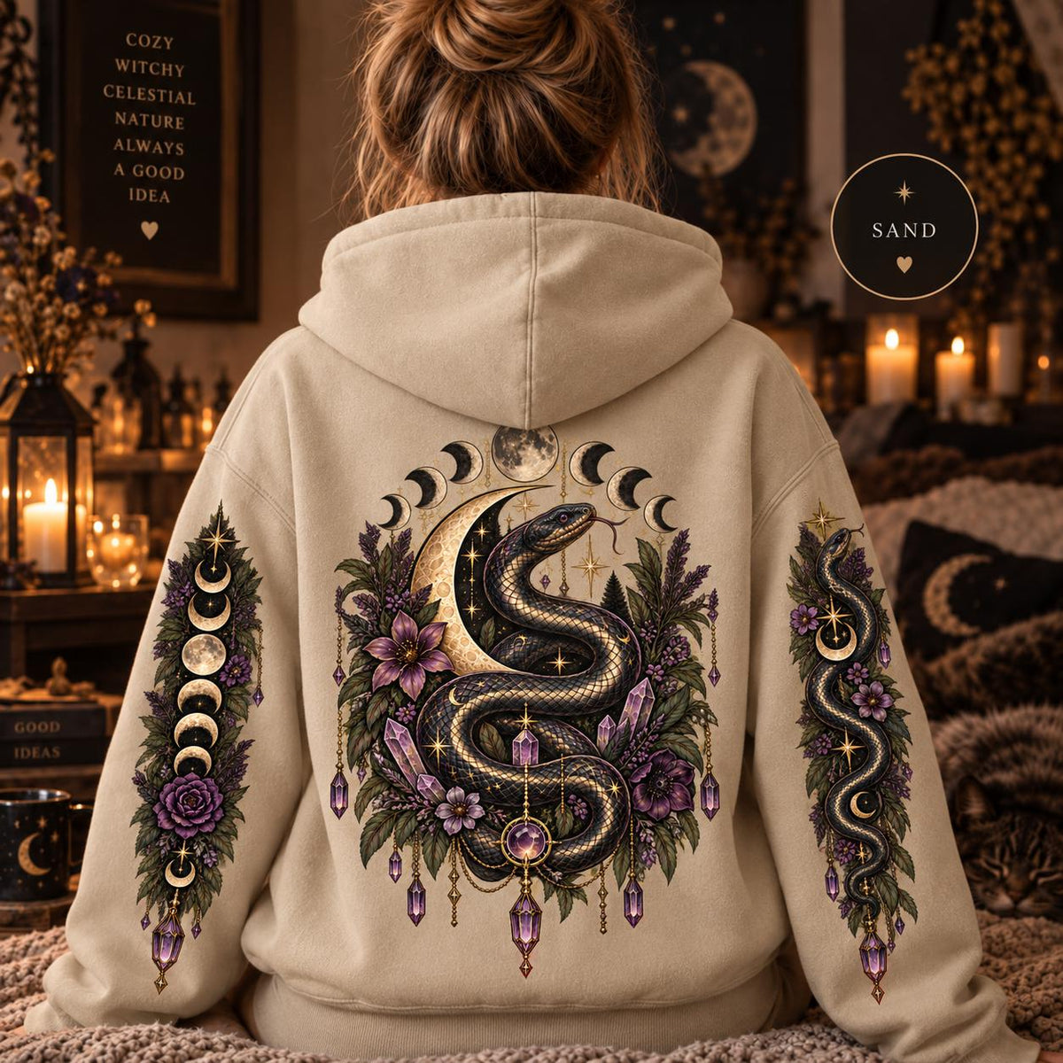 Witchy Snake Hoodie, Celestial Serpent Gildan 18500 Sweatshirt, Moon Phase Back and Sleeve Print, Gothic Botanical Hoodie