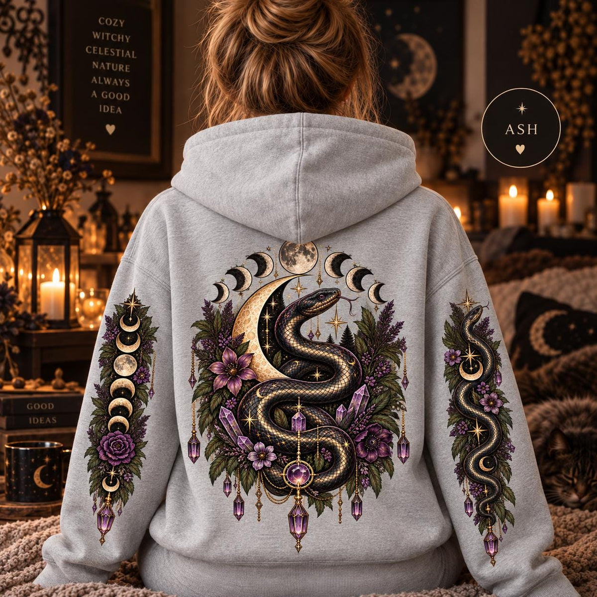Witchy Snake Hoodie, Celestial Serpent Gildan 18500 Sweatshirt, Moon Phase Back and Sleeve Print, Gothic Botanical Hoodie
