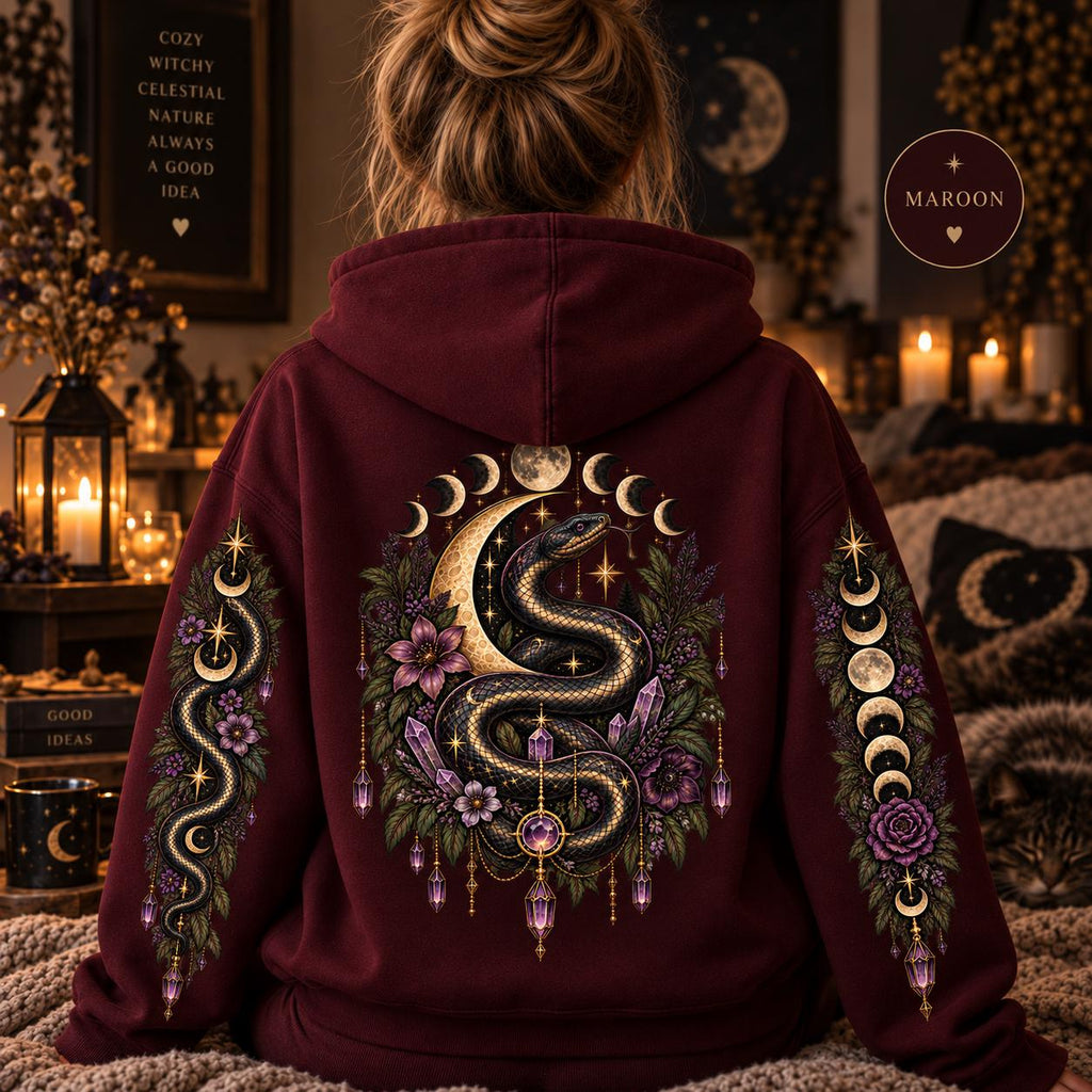 Witchy Snake Hoodie, Celestial Serpent Gildan 18500 Sweatshirt, Moon Phase Back and Sleeve Print, Gothic Botanical Hoodie