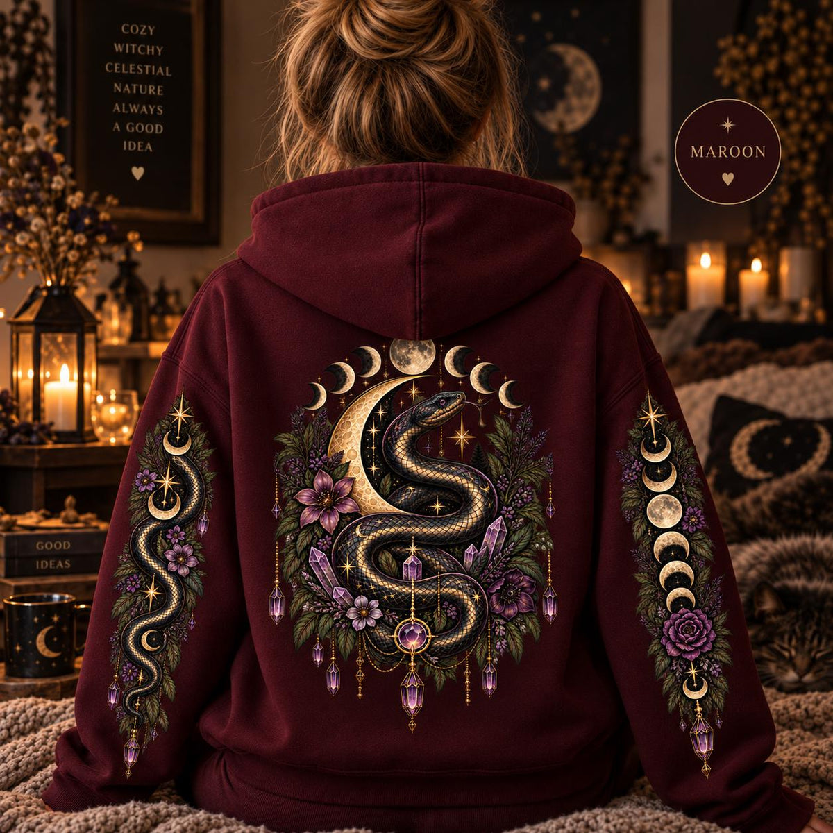 Witchy Snake Hoodie, Celestial Serpent Gildan 18500 Sweatshirt, Moon Phase Back and Sleeve Print, Gothic Botanical Hoodie