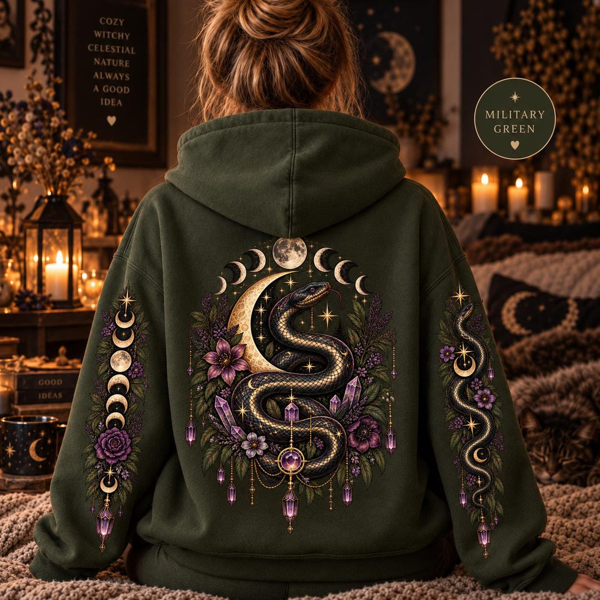 Witchy Snake Hoodie, Celestial Serpent Gildan 18500 Sweatshirt, Moon Phase Back and Sleeve Print, Gothic Botanical Hoodie