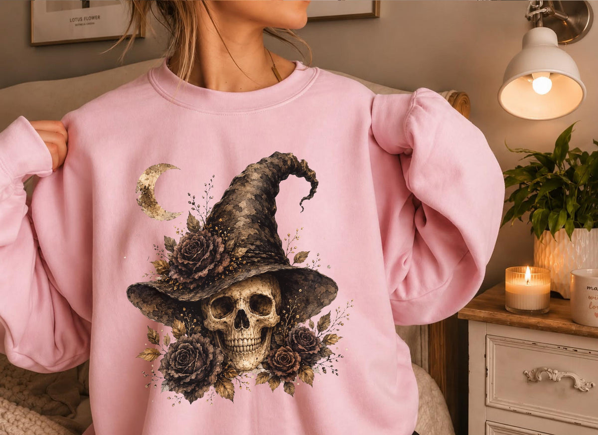 Witch Skull Halloween Sweatshirt Vintage Gothic Floral Crewneck for Women